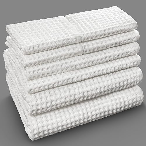 Softerry European Waffle Weave Bath Towel Set of 8-100% Organic Cotton - Quick Dry Lint Free Thin and Absorbent - Fade Resistant - Eco-Friendly…