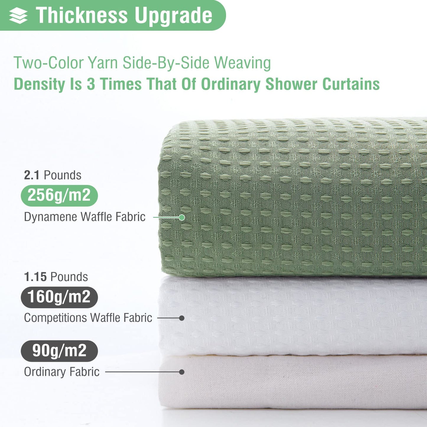 Dynamene Sage Green Waffle Shower Curtain – 72x72in Thick 256GSM Fabric, Luxury Weighted Bath Curtain with 12 Hooks