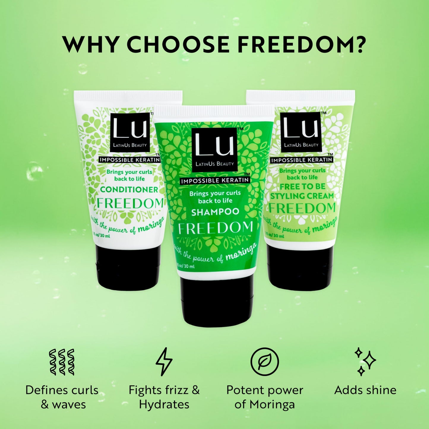 Lu by LatinUs Beauty Freedom Travel Size Collection | Shampoo, Conditioner & Styling Cream with Impossible Keratin™, Moringa Oil, Cruelty Free