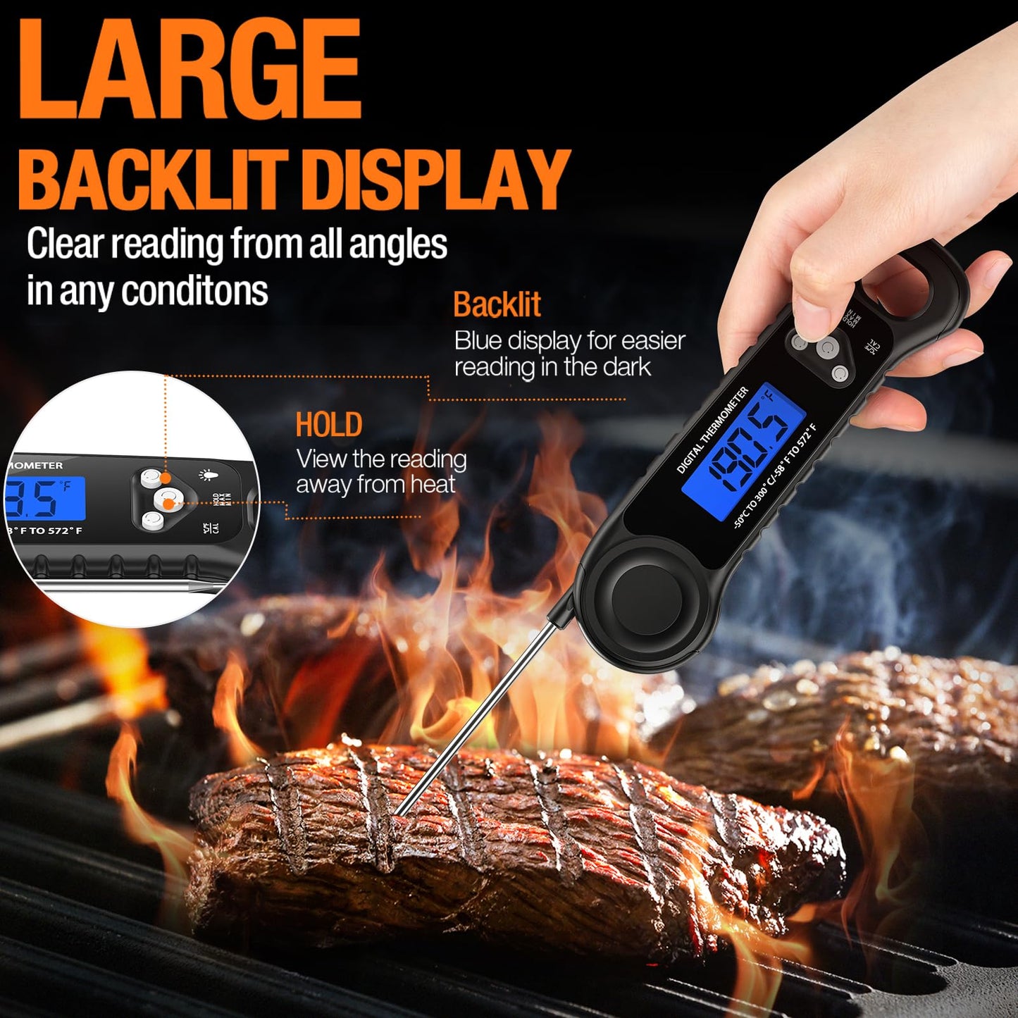 AMMZO Digital Meat Thermometer, Instant Read for Cooking, BBQ, Grill, Smoker, Oven, Roast & Candy, Kitchen & Camping Essentials, Gifts for Men & Women