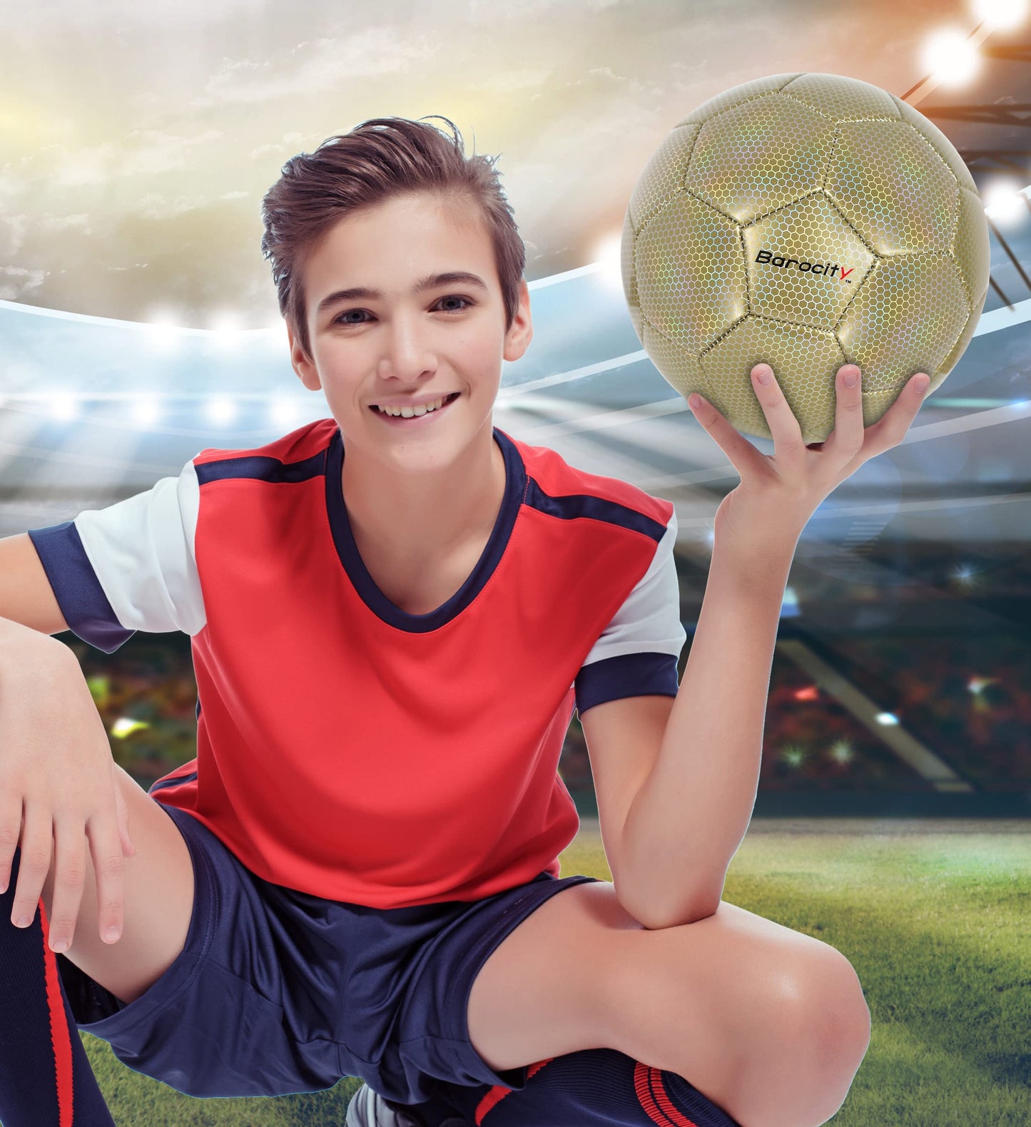 Barocity Classic Gold Size 4 Soccer Ball - Premium Outdoor and Indoor Ball with Reflective Iridescent Rainbow Hex Pattern, Perfect for Boys and Girls…