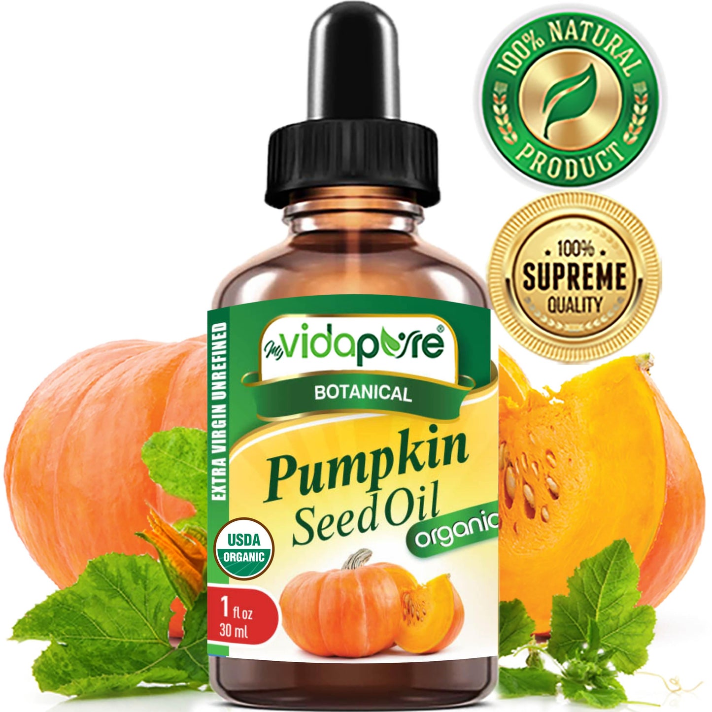 MYVIDAPURE Organic PUMPKIN SEED OIL Certified Organic WILD GROWTH RAW Pure EXTRA VIRGIN UNREFINED for Skin, Face, Body, Hair and Lip Care (1 Fl Oz)
