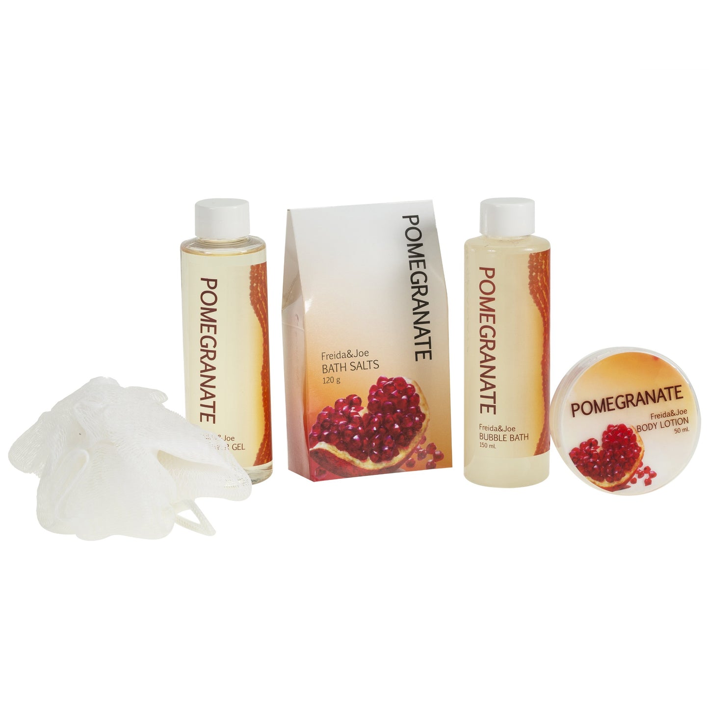 Red Pomegranate Home Spa Bath Basket - Bath & Body Set For Women - Contains Shower Gel, Bubble Bath, Body Lotion, Pomegranate Bath Salt & Pouf in Red
