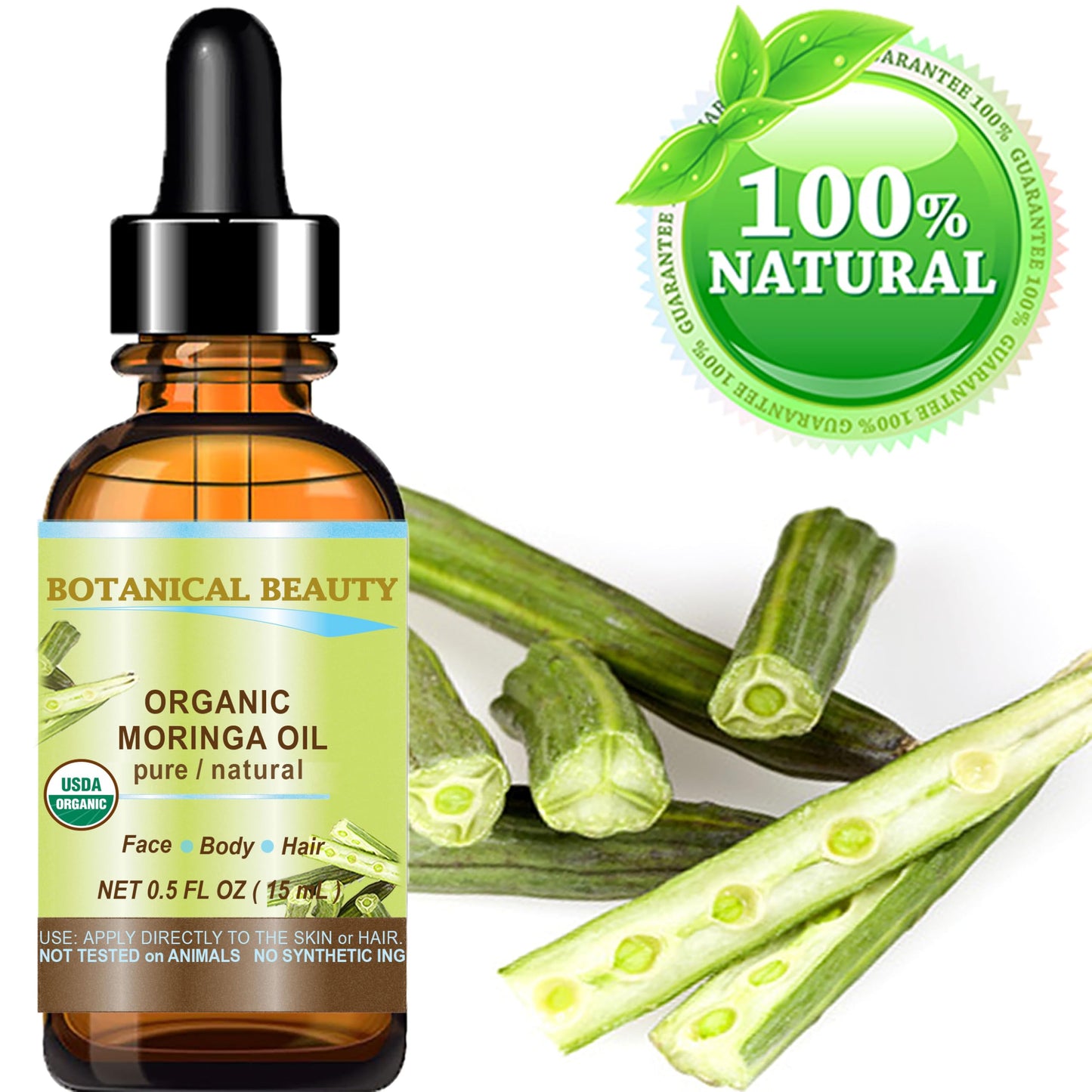 Botanical Beauty Organic Moringa Oil 100% Pure Natural Undiluted 0.5 Fl.oz.- 15 ml. for Face Skin, Hair, Lips, Body, Nails Rich in Vitamin C, Vitamin