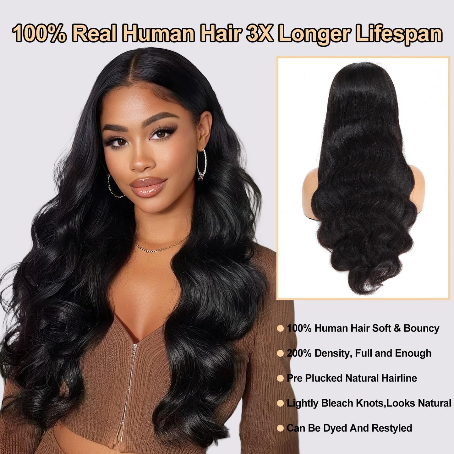 13x4 Body Wave Lace Front Wigs Human Hair Pre Plucked 200% Density HD Lace Frontal Wigs Human Hair 100% Real Human Hair Wigs No Synthetic Blend No