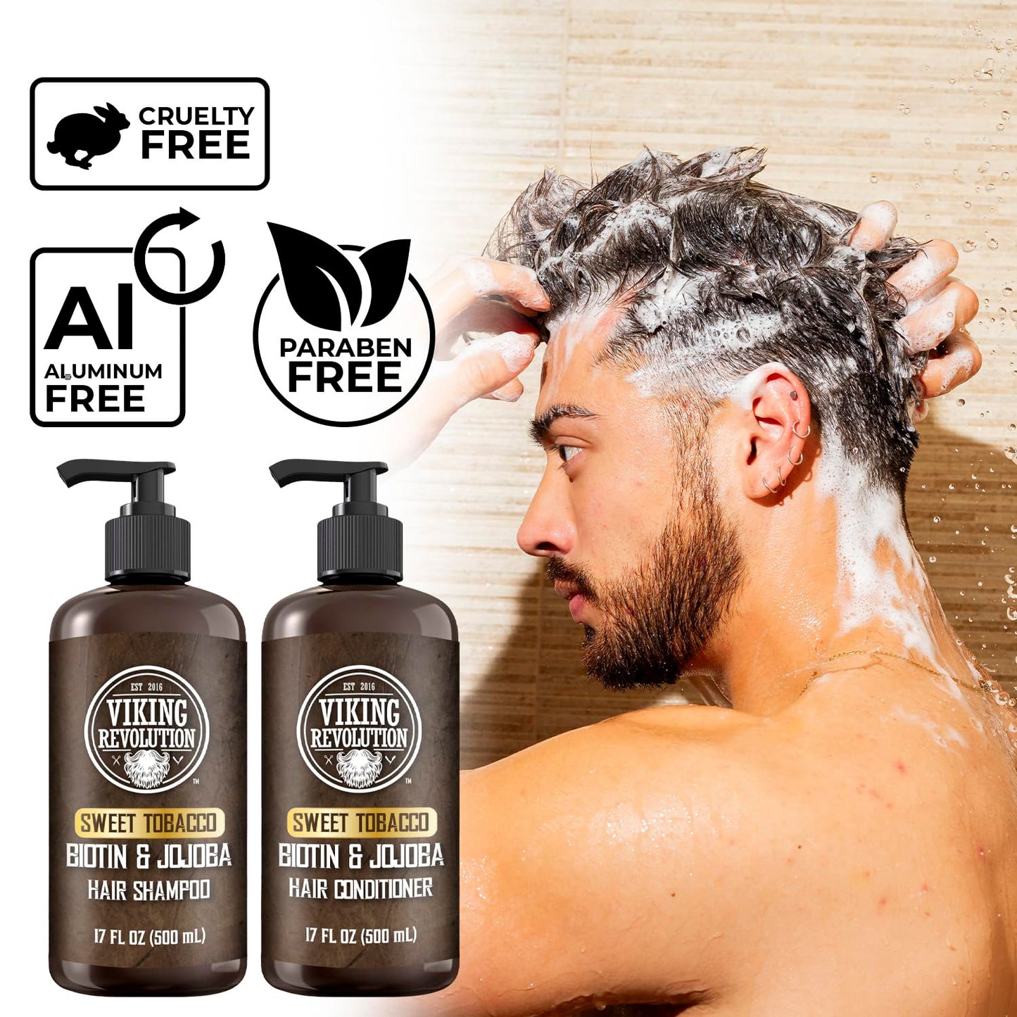 Viking Revolution Sweet Tobacco Mens Shampoo and Conditioner Set with Biotin and Jojoba Oil - Natural Hair Shampoo and Hair Conditioner for Men