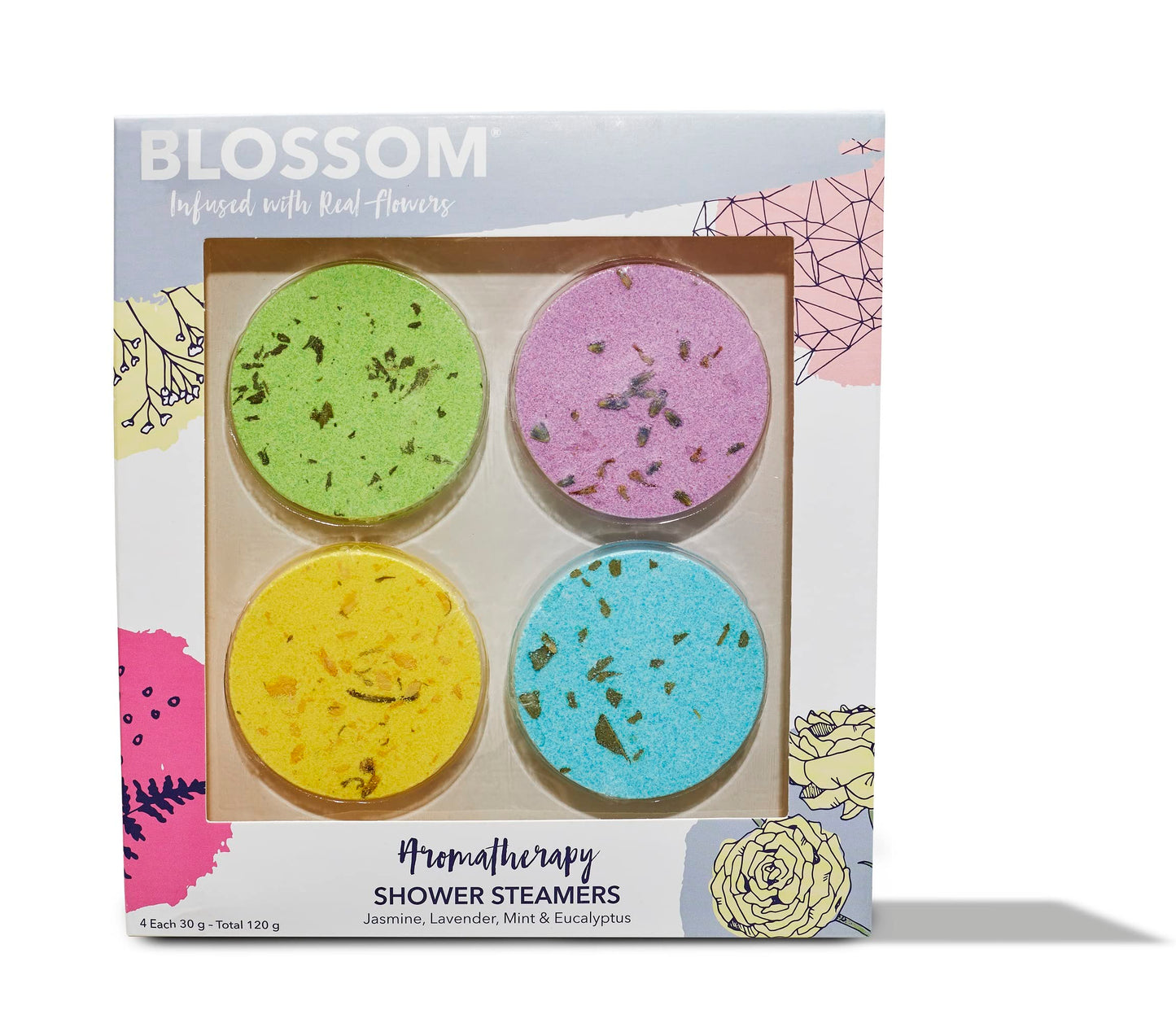 Blossom Aromatherapy Shower Steamers, Bath Bomb Tablets with Essential Oils for Stress Relief and Relaxation 4 Pack Box, Jasmine, Lavender, Mint…