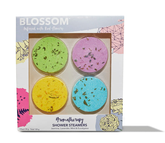 Blossom Aromatherapy Shower Steamers, Bath Bomb Tablets with Essential Oils for Stress Relief and Relaxation 4 Pack Box, Jasmine, Lavender, Mint…
