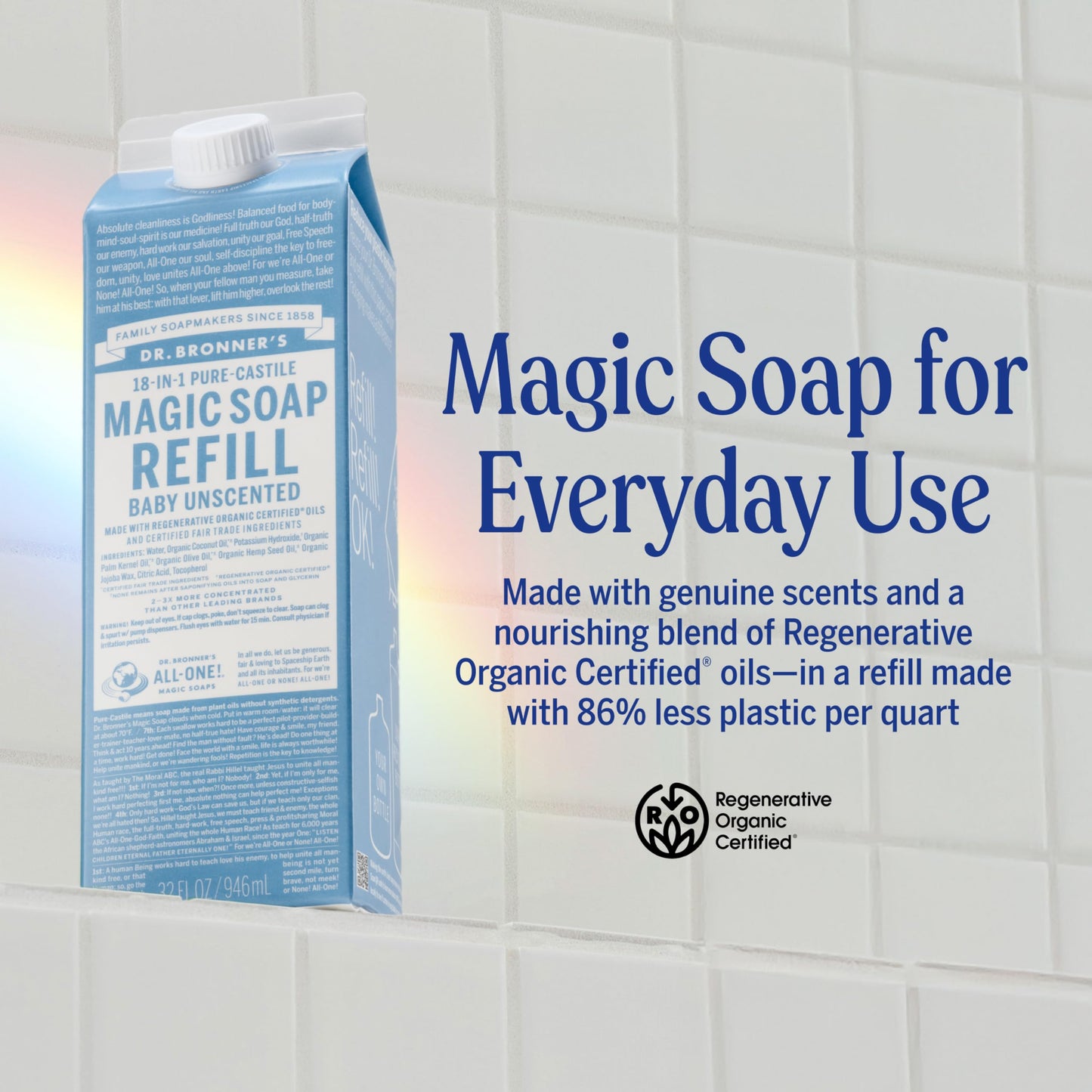 Dr. Bronner's Pure-Castile Liquid Soap Refill - Made with Regenerative Organic Certified Oils, 86% Less Plastic - 18-in-1 Uses, For Face, Body Wash
