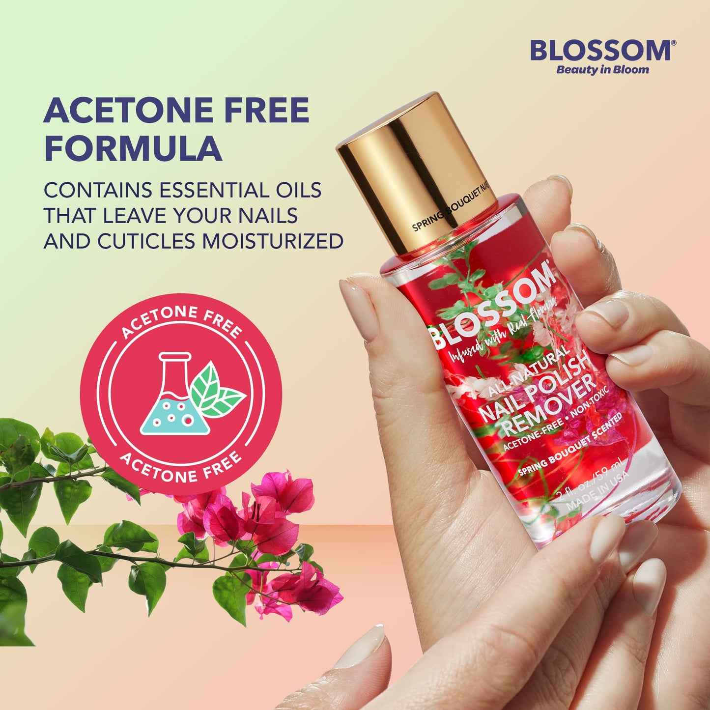 Blossom Non Toxic Nail Polish Remover Non Acetone, All Natural Scented, Vegan, Acetone Free Nail Polish Remover, Organic Plant-Based, Infused