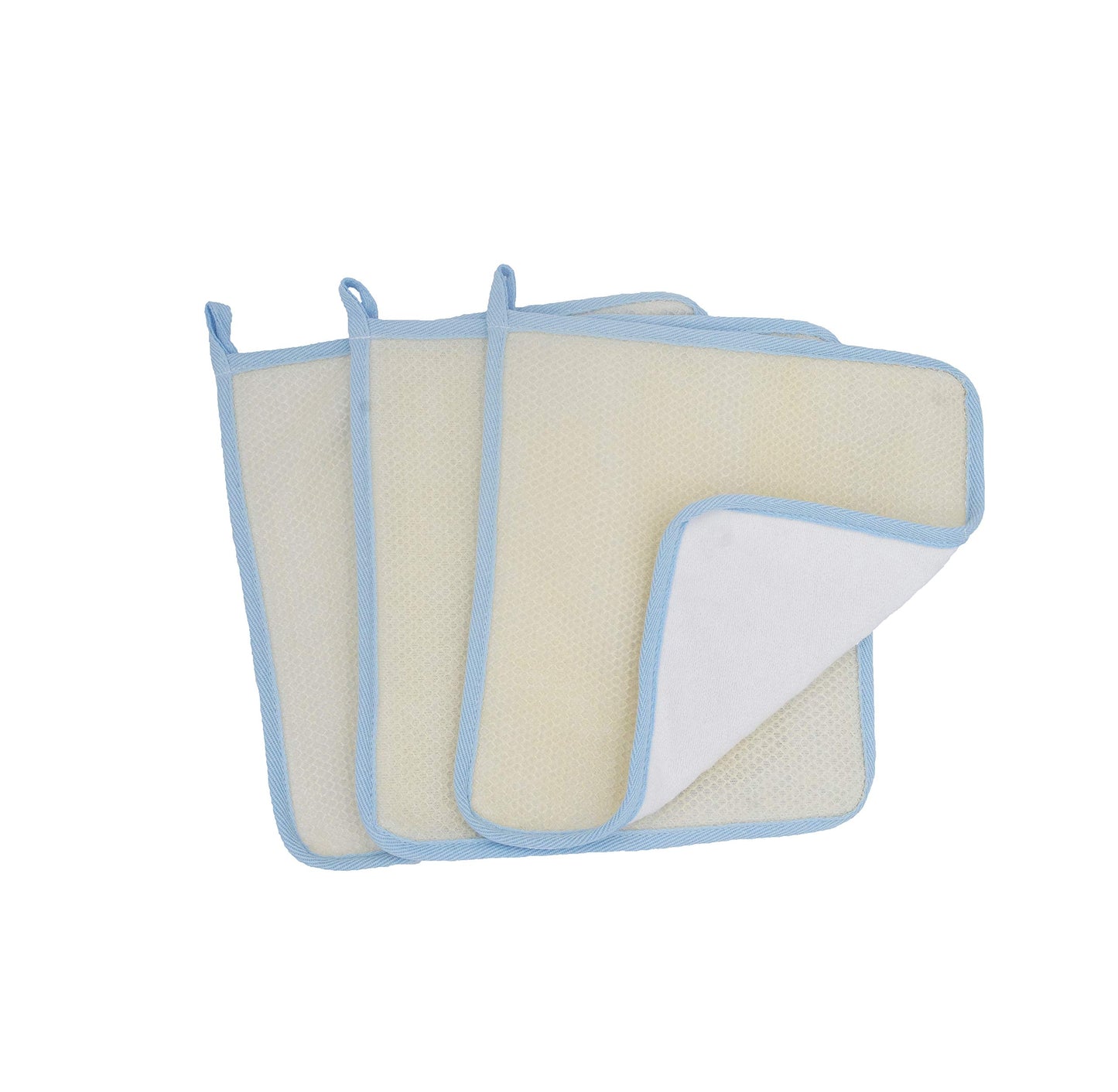 Bleu Bath (3 Pack) Dual-Sided Exfoliating Skin Towel Cotton Terry Body Cloth Scrubber Premium Sturdy Loofah Towel Soft and Buffing Wash Cloth White