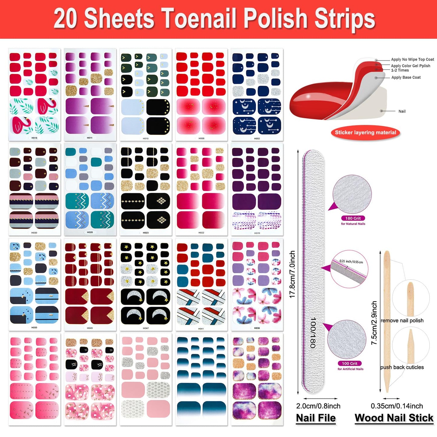 DANNEASY 20 Sheets Toe Nail Stickers Full Nail Wraps Self Adhesive Toenail Polish Strips Toes Nail Stickers Toenail Stickers Polish Manicure Sticker