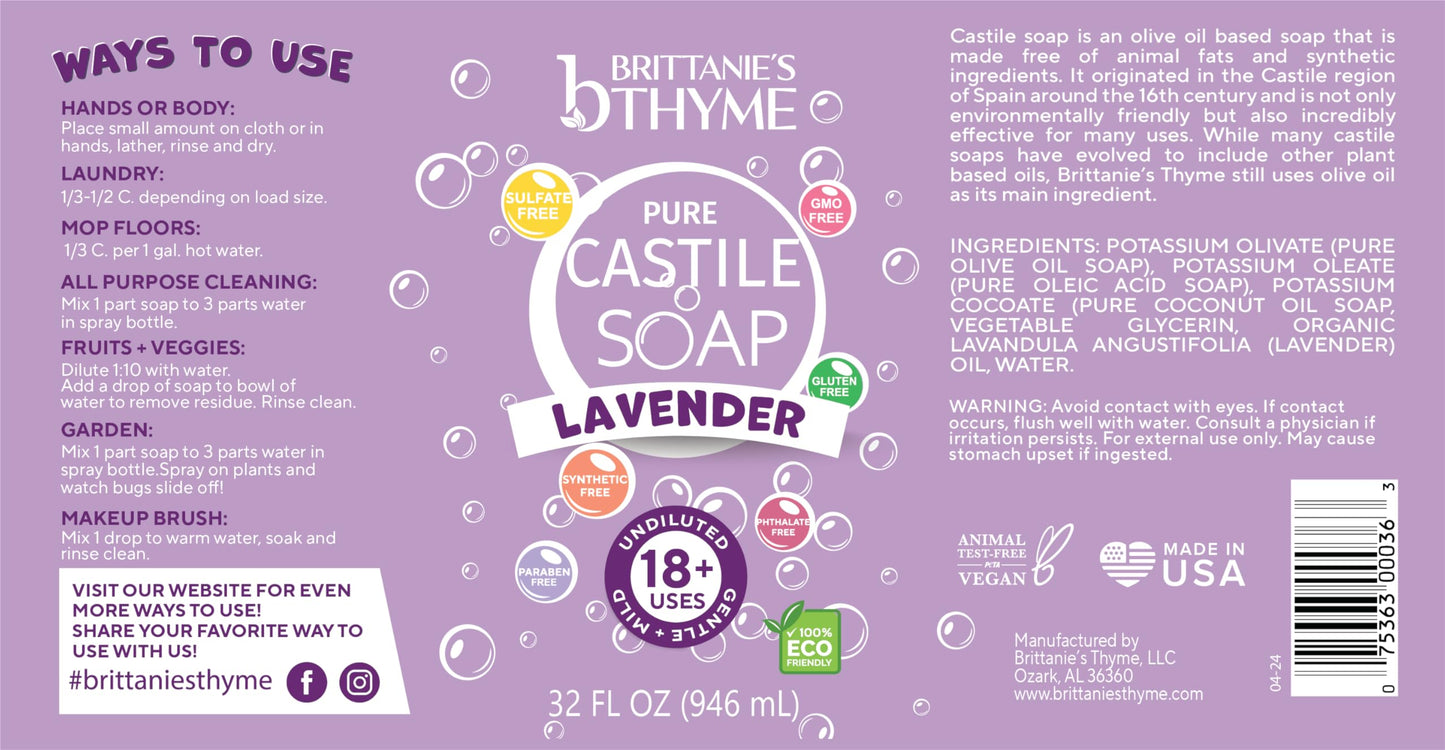 Brittanie’s Pure Castile Liquid Soap Refill, Lavender, 32 Ounce 2 Pack | Dish Soap, Hair & Body, Laundry, Home, Gentle and Pure, Made with Natural