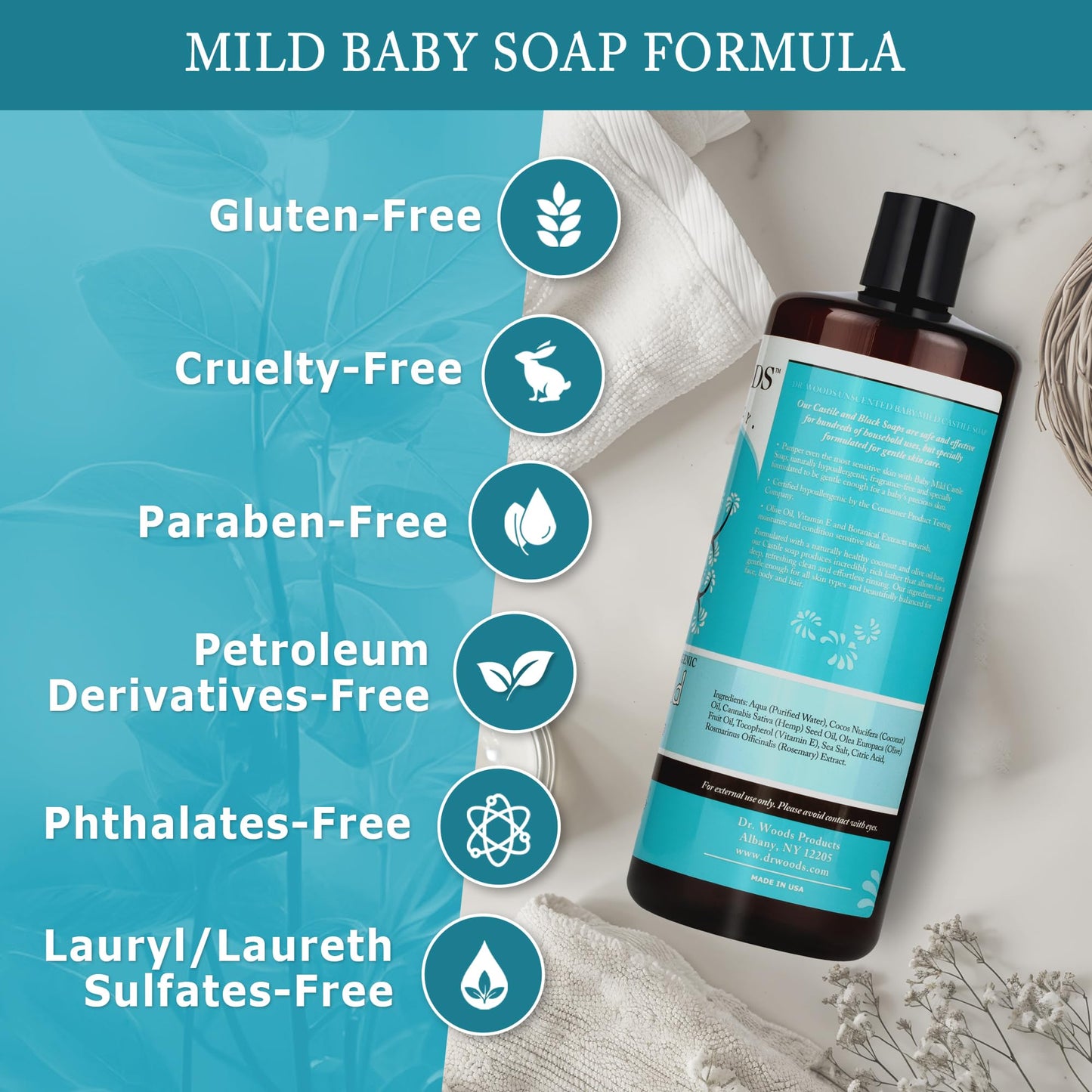Dr. Woods Unscented Baby Mild Liquid Castile Soap - Natural Soap for Sensitive Skin, Gentle Cleanser with Hemp Oil and Vitamin E - Paraben, Sulfate