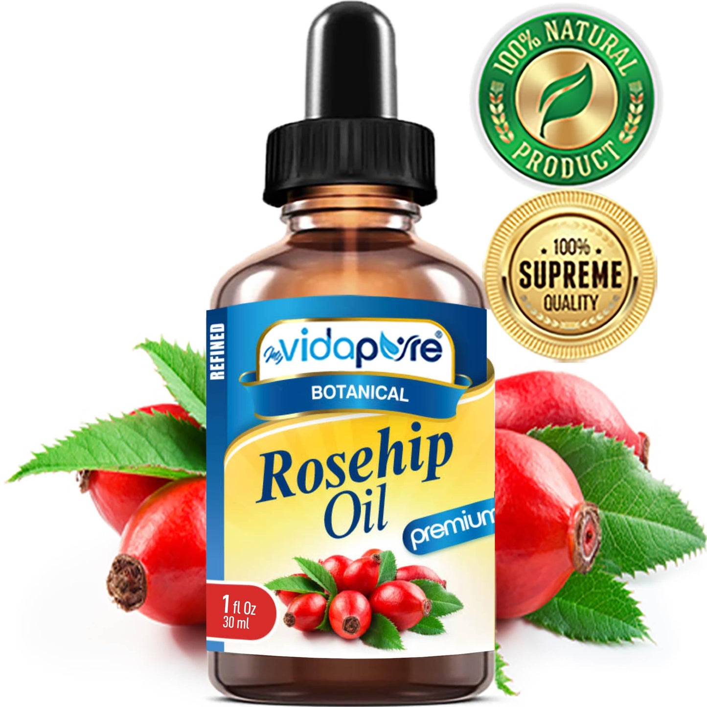 MYVIDAPURE Rosehip Oil Vitamin A, Vitamin C, Vitamen E for Wrinkles, Scars, Stretch Marks, Face, Body, Hair, Lip Care. (1 Fl Oz)