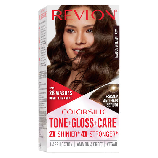 Revlon ColorSilk Tone + Gloss + Care Demi Permanent Hair Color, Dye Kit with Leave-In Scalp and Haircare Serum, 2x Shinier, 4x Stronger, 5 Medium