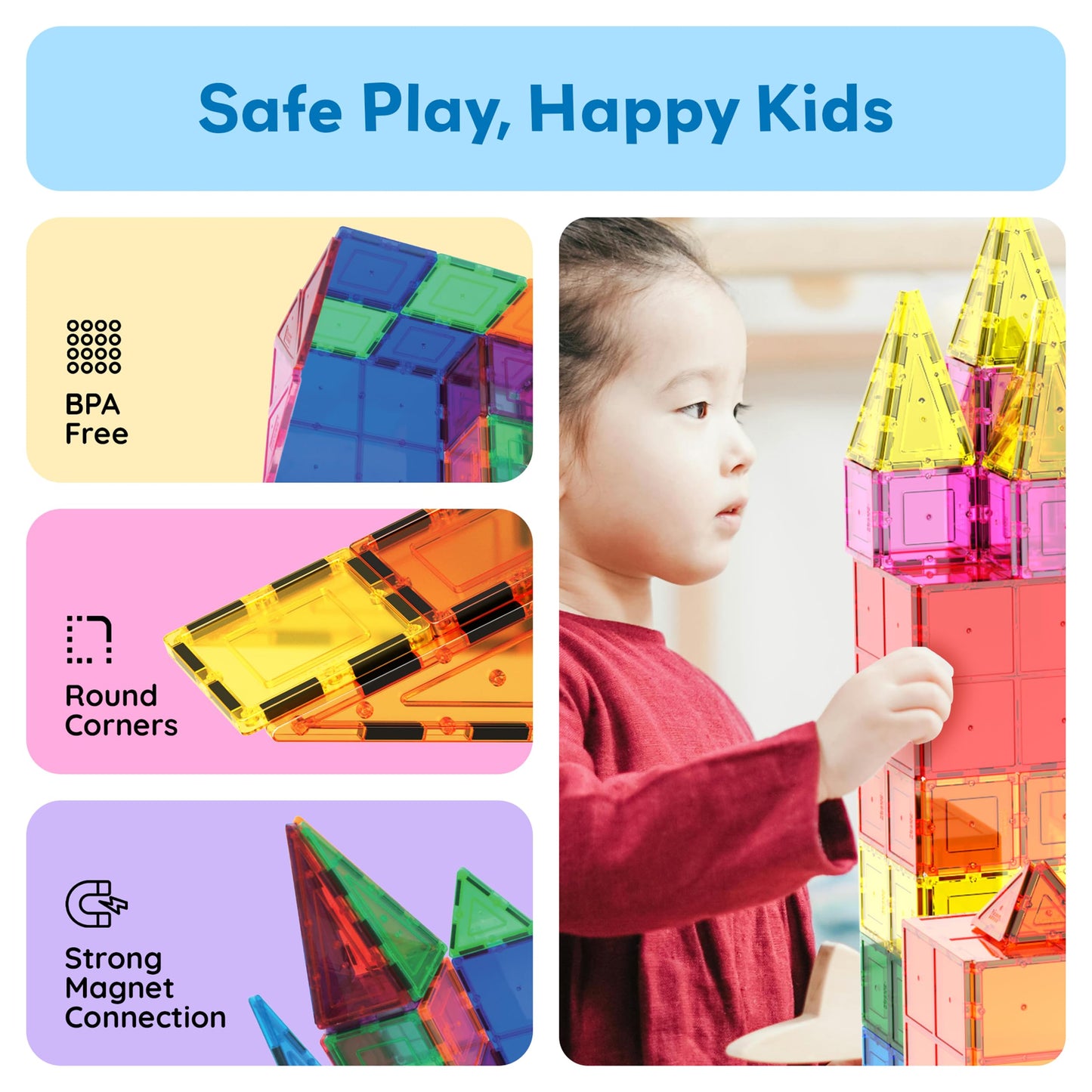 PicassoTiles 60pcs Magnetic Building Tiles – Clear 3D Magnet Blocks Construction Playset for Kids, Educational & Creative Toy Set