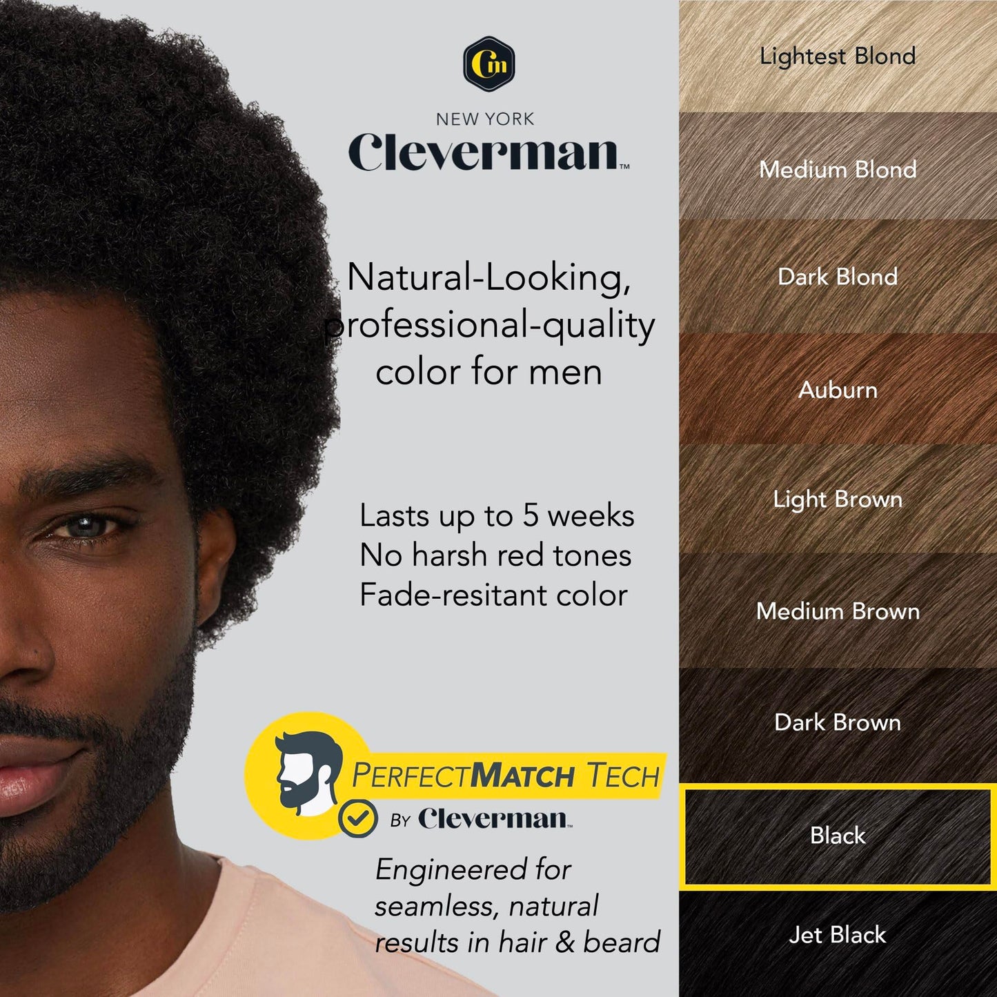 Reusable Hair & Beard Dye for Black Men - Black 1.0 | Up to 5 Uses, 7 Minutes | Natural Gray Coverage, No-Drip Cream with SkinArmour® - Cleverman
