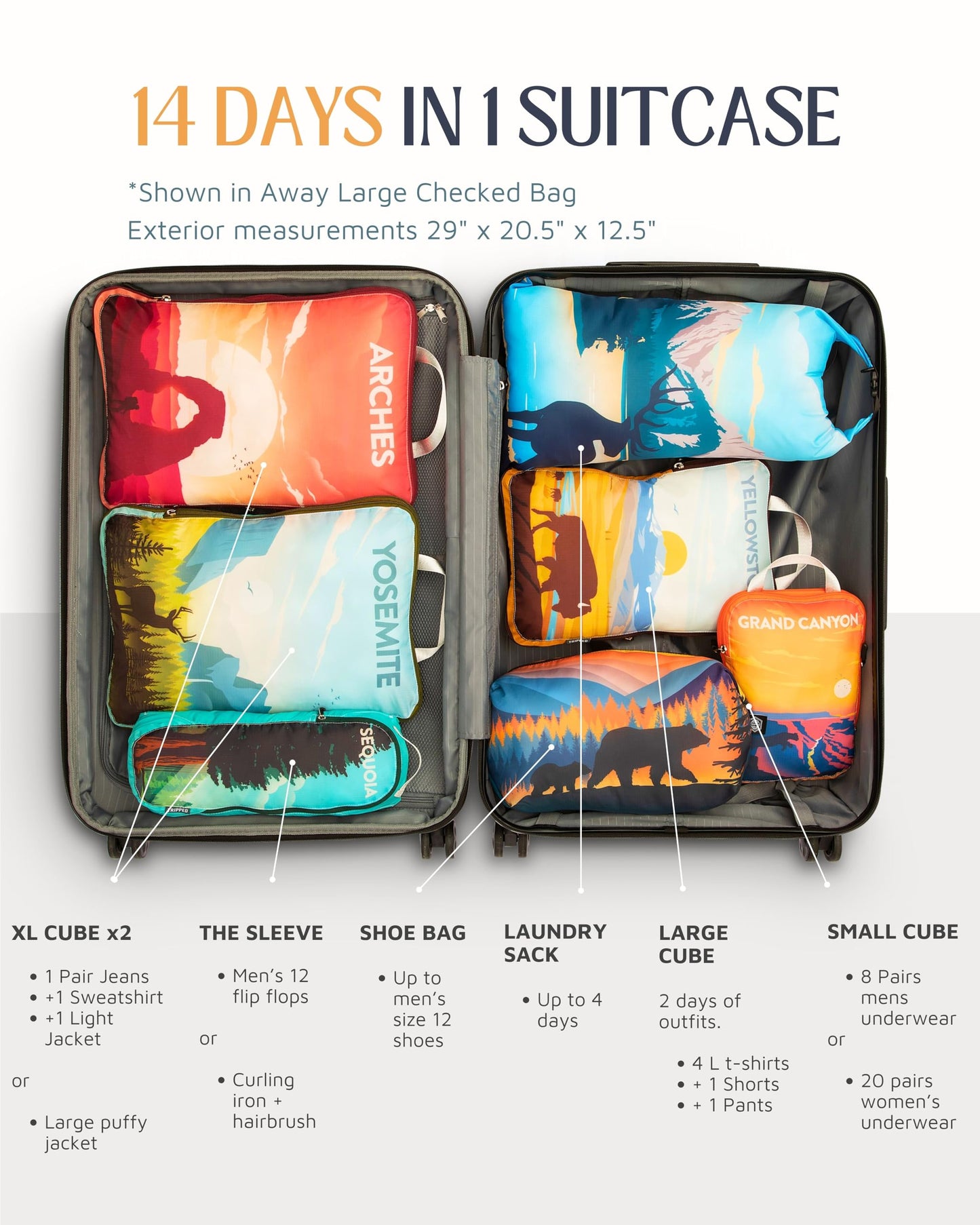 Large Compression Packing Cubes for Travel-Packing Cube Luggage Organizers 7 Piece Set for Checked Luggage-Ultralight, Expandable/Compression Bags by TRIPPED Travel Gear (National Parks)