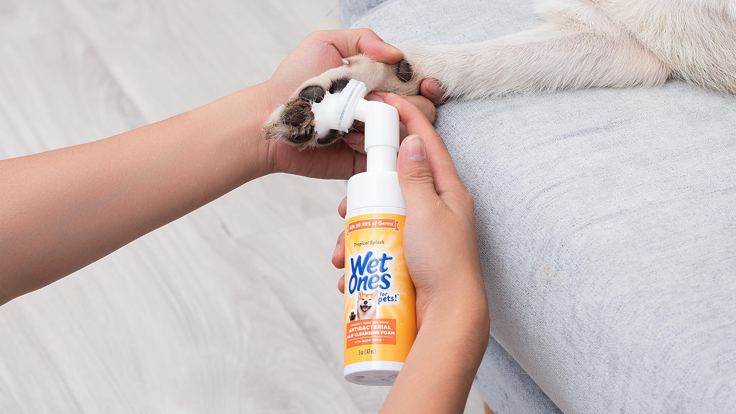 Wet Ones for Pets Antibacterial Dog Paw Cleaner – 5oz Tropical Splash Foam with Built-in Scrubber Brush – Paw Washer & Grooming Care