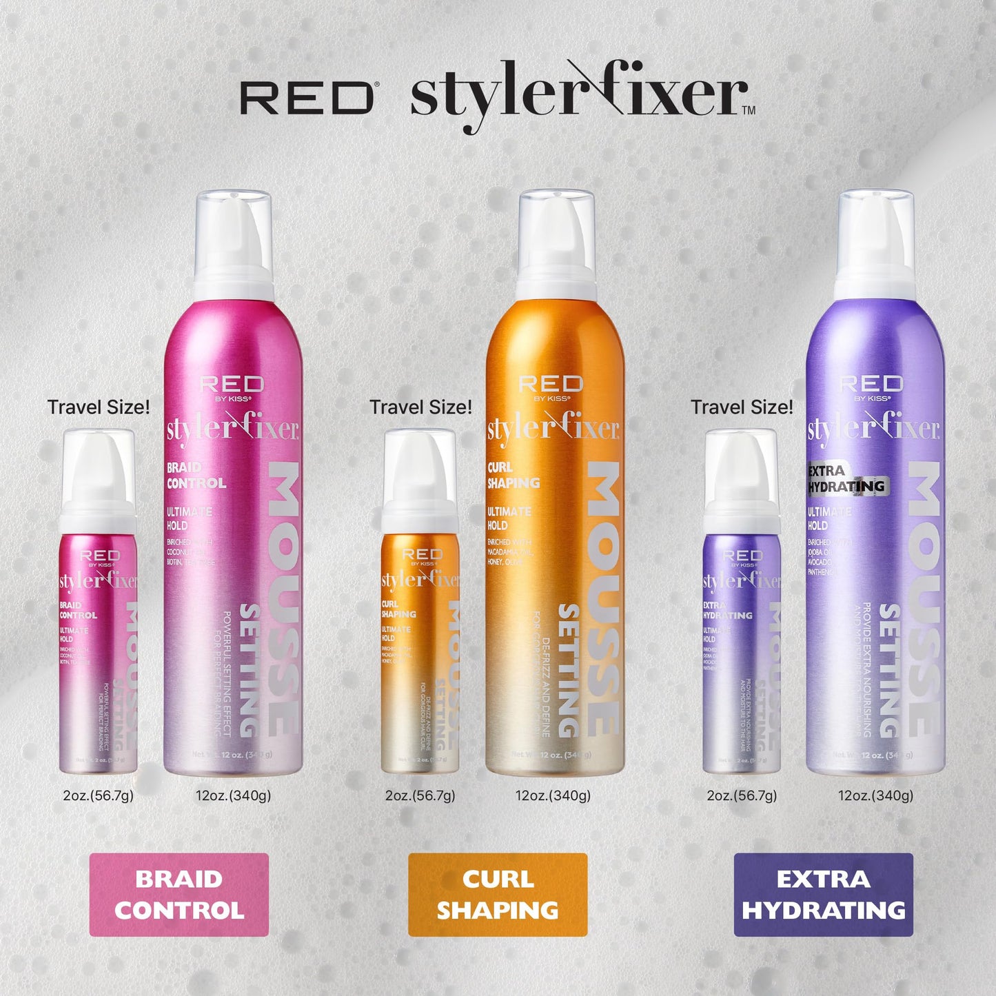 Red by Kiss Setting Mousse Braid Frizz Control, Curl Definition, Shine, Maximize Volume, Ultimate Hold, Long Lasting, Non Sticky Creamy Foam Style