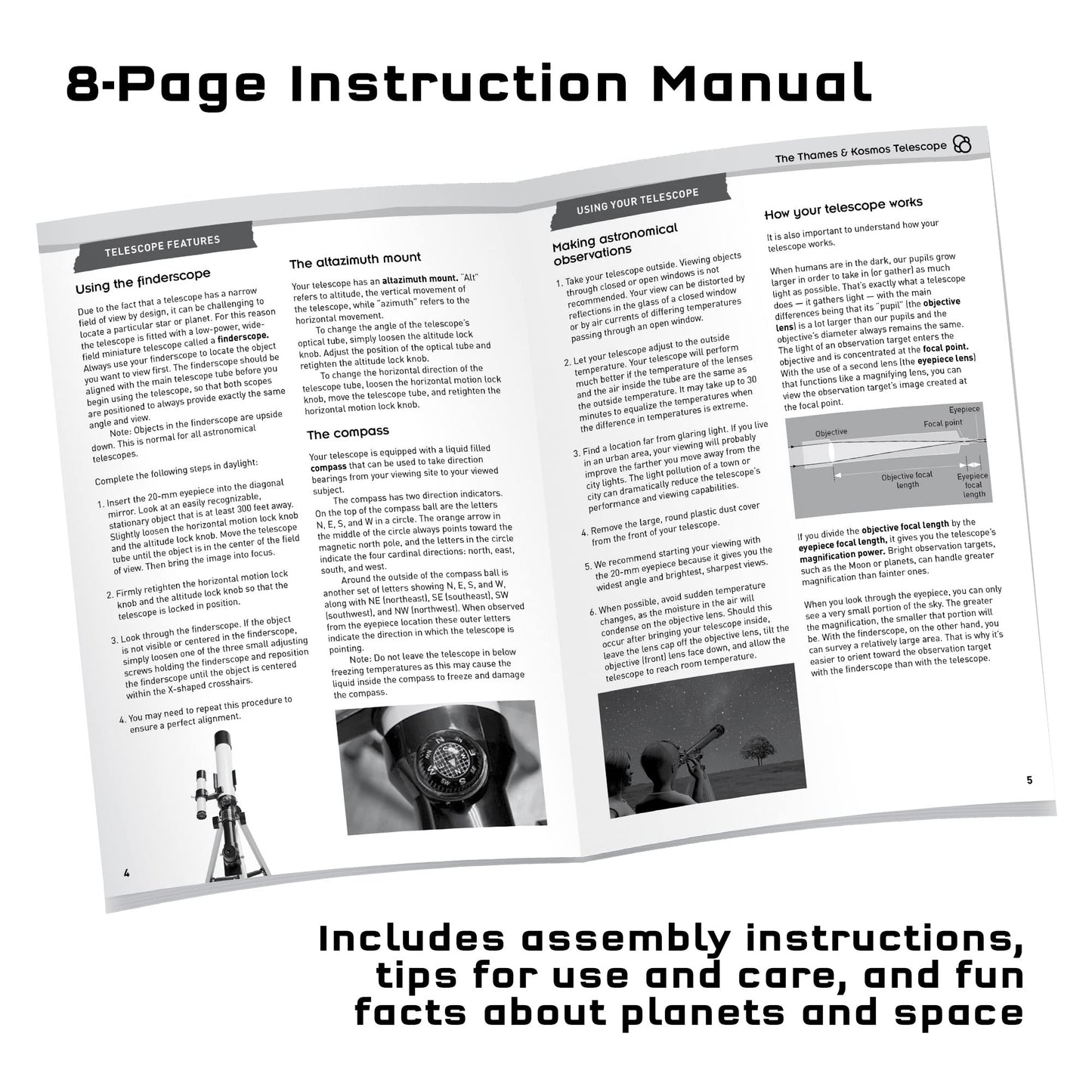 Thames & Kosmos Telescope – Kids Refractor with 100x Magnification & Built-In Compass, STEM Science Tool for Astronomical & Terrestrial Viewing