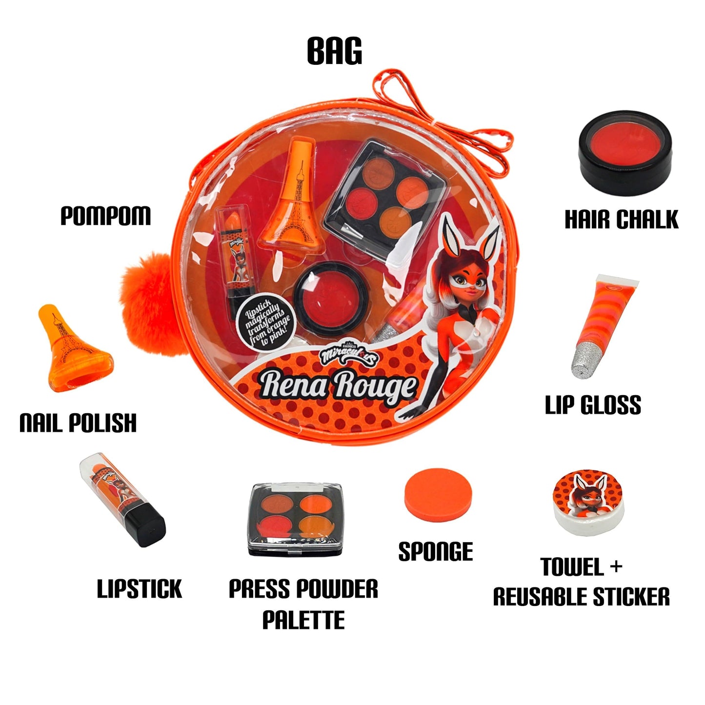 Miraculous Ladybug Kids Makeup Set - 10 Piece Bag with Nail Polish, Hair Chalk, Stickers & More - Safe, Non-Toxic Pretend Play Cosmetics - Rena Rouge