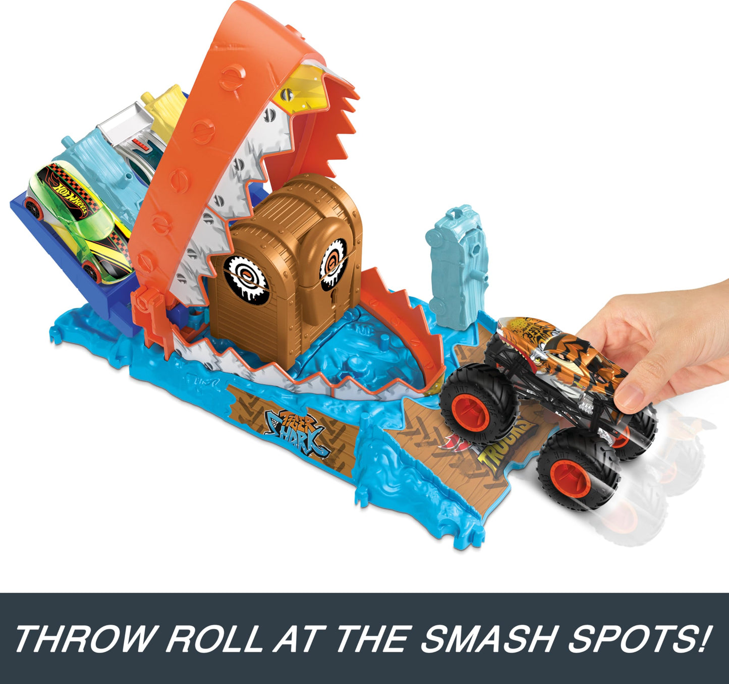 Hot Wheels Monster Trucks Arena Smashers Treasure Chomp Challenge Playset with 1:64 Scale Tiger Shark Toy Monster Truck & 1 Crushed Car