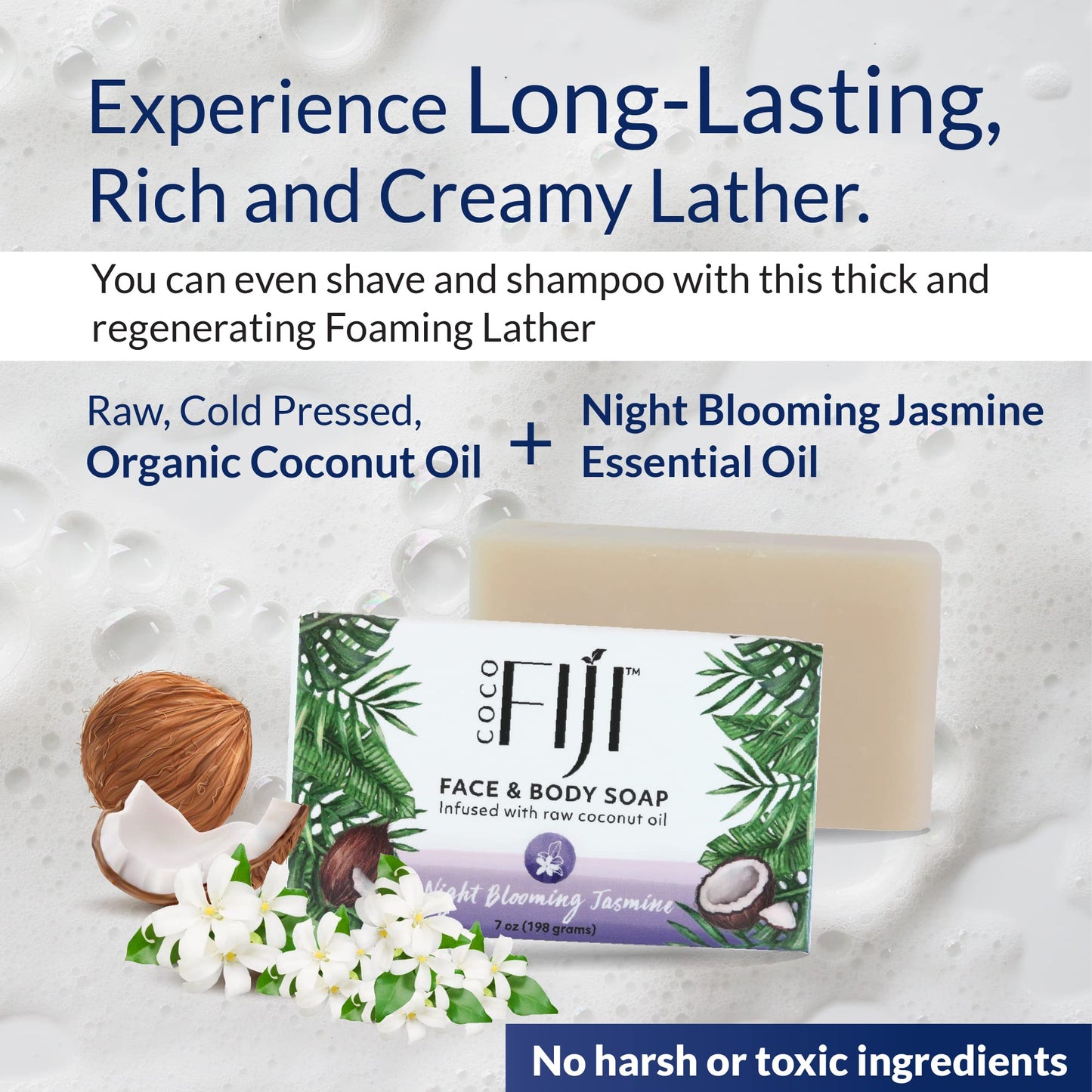 "Coco Fiji Soap Bar for Face and Body Infused With Organic Coconut Oil, Night Blooming Jasmine Essential Oil, Natural Soap for Moisturizing & Pore