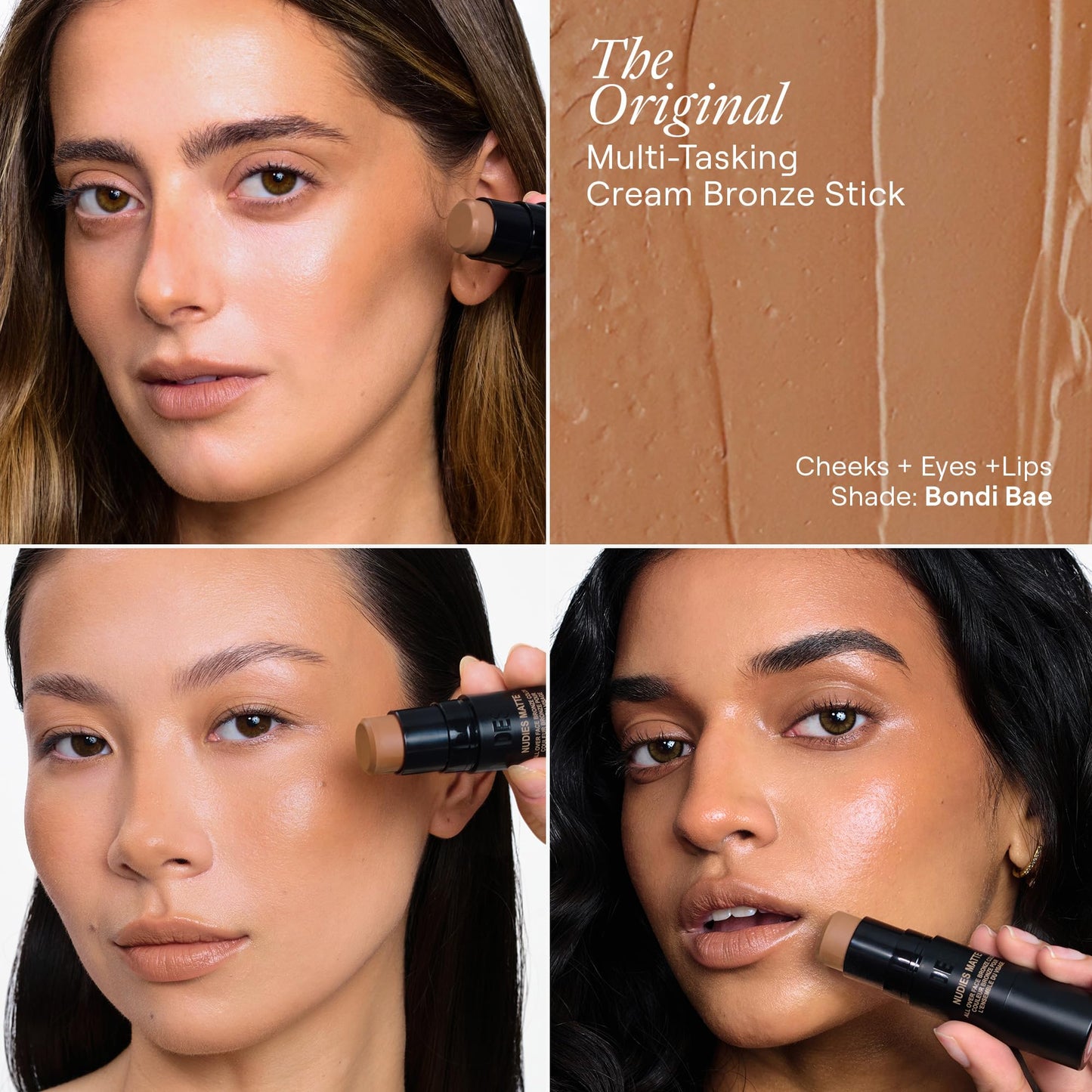 Nudestix Nudies Bronze All Over Matte Bronzing Stick - 3-in-1 Cream Bronzer for Cheeks, Eyes & Lips with Built-In Brush | Natural Contour & Sun-Kissed