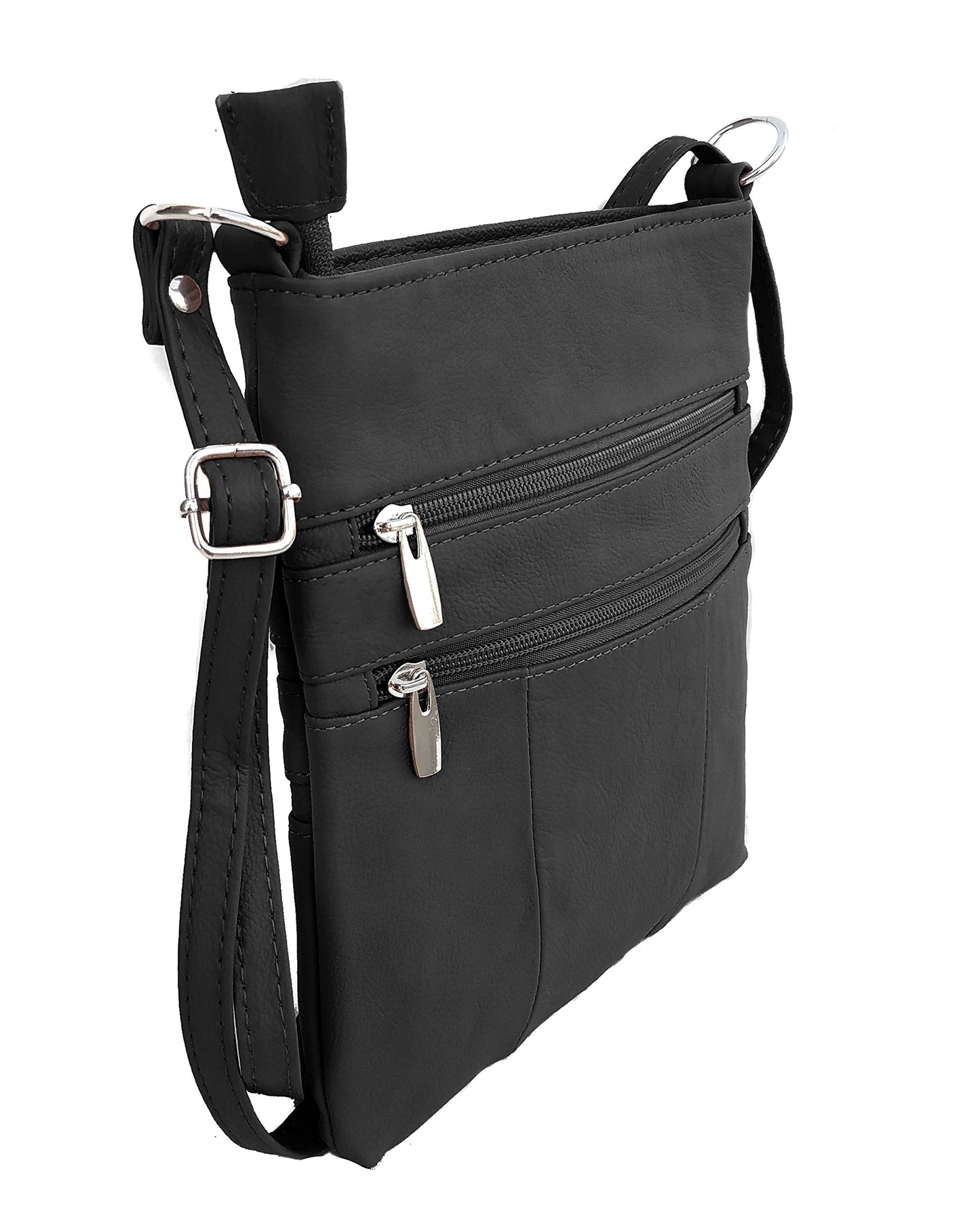 Roma Leathers Mini Cross Body Purse - Multi Pocket Double Zipper Handbag - Premium Black Leather - Adjustable Shoulder Strap - Convenient Travel Bag…