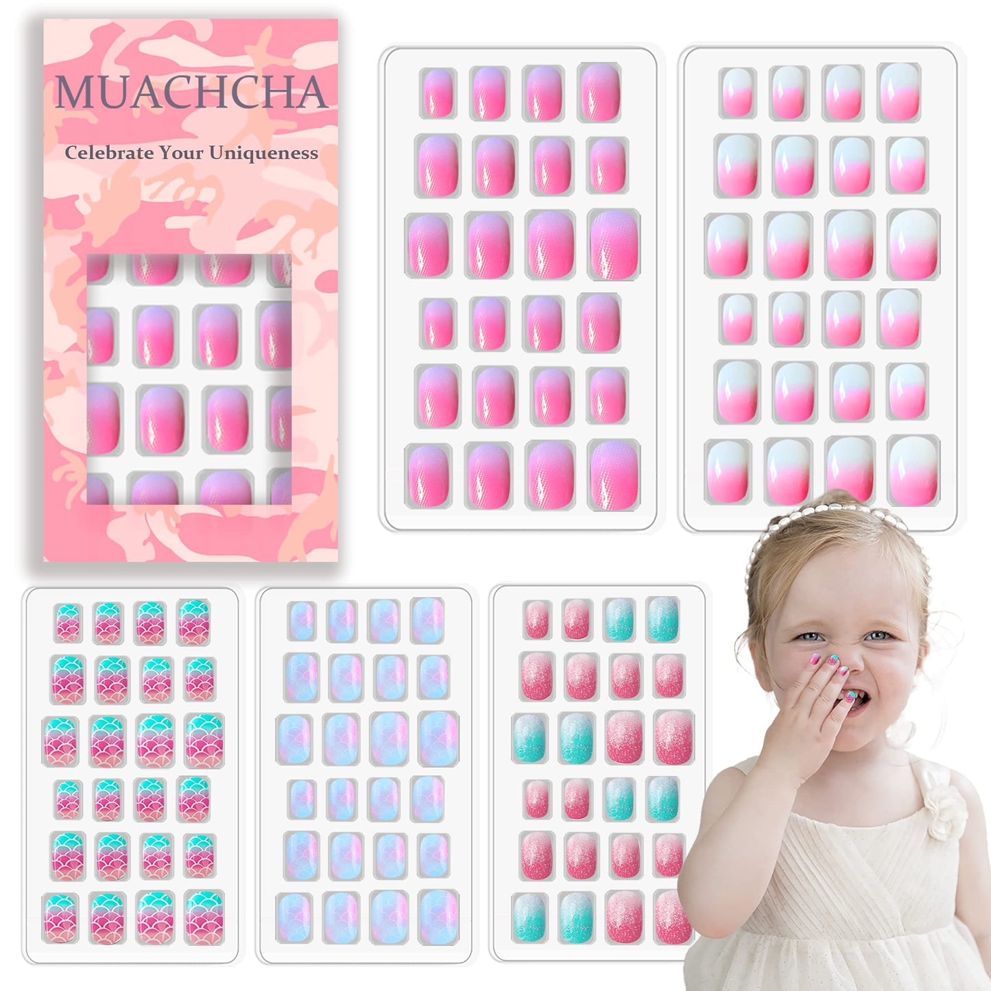 MUACHCHA 120 Pcs 5 Pack Children Acrylic Glitter False Nails Press on Nails Pre-glue Full Cover Fake Nail Tips Stick Cute Cartoon Short Artificial