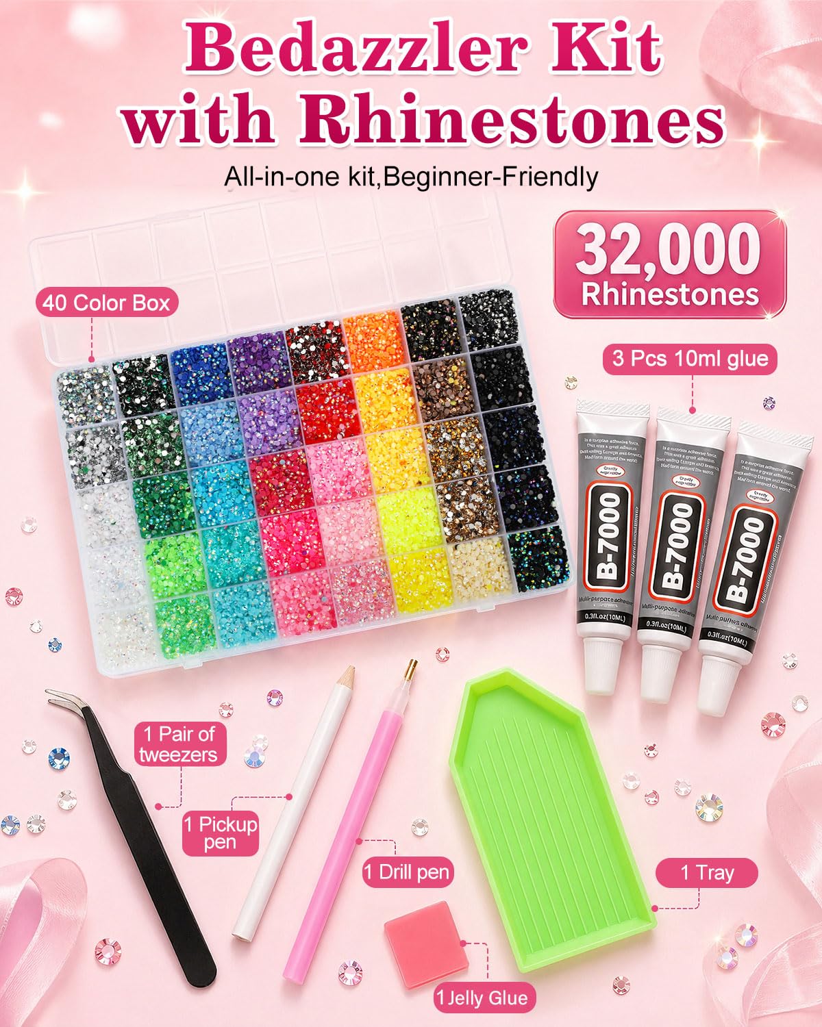 Skiennix Bedazzling Kit with Rhinestones and Tools, 32,000 PCS 40 Colors 3mm Resin Flatback Gems for Jelly Rhinestones with B7000 Glue,Bedazzler Kit Beauty & Personal Care Skiennix