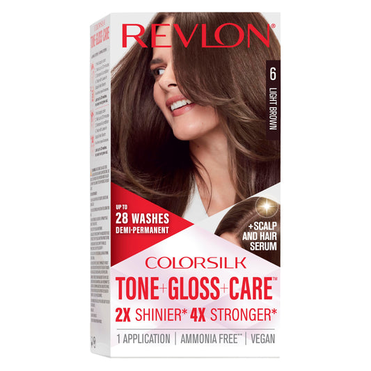 Revlon ColorSilk Tone + Gloss + Care Demi Permanent Hair Color, Dye Kit with Leave-In Scalp and Haircare Serum, 2x Shinier, 4x Stronger, 6 Light