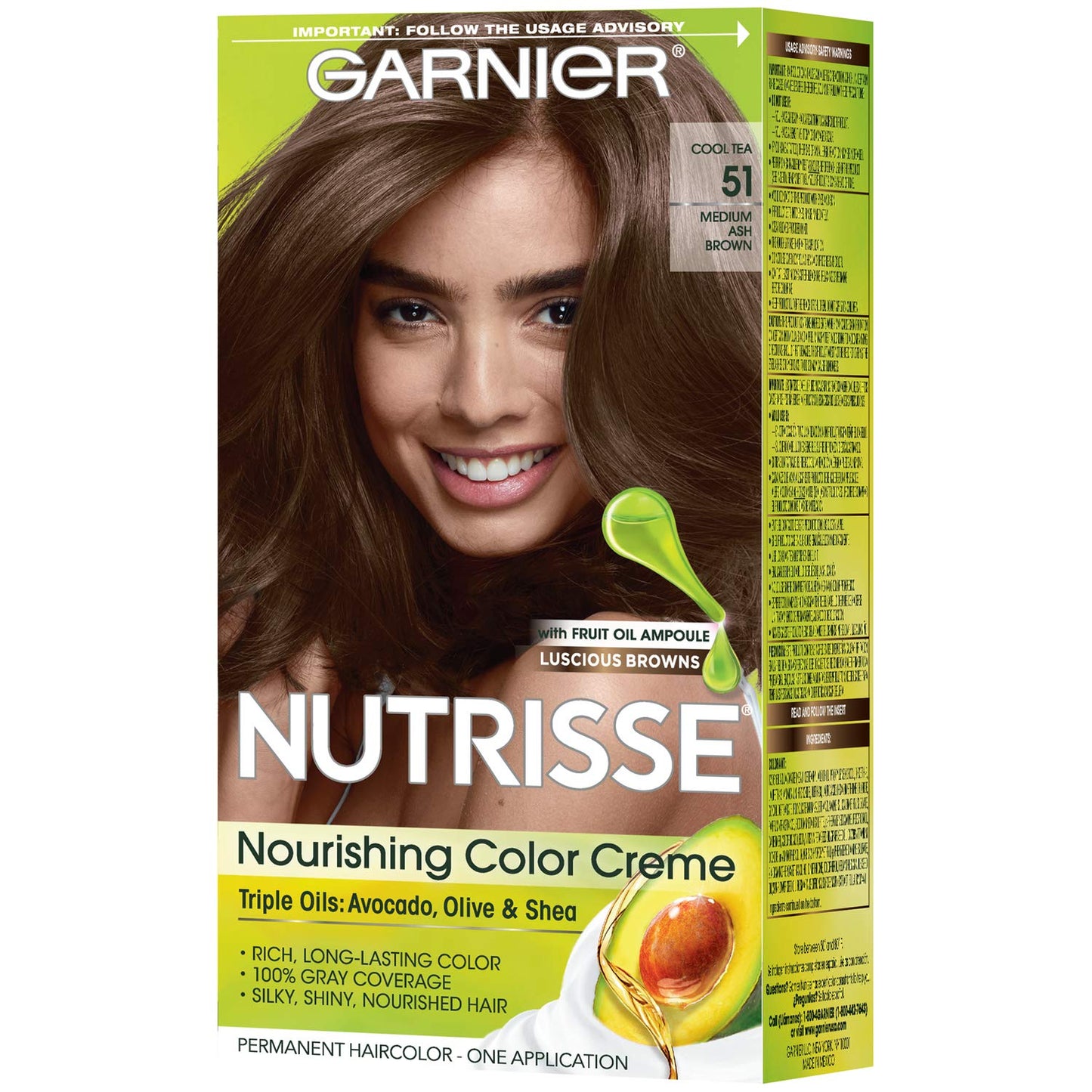Garnier Nutrisse Nourishing Color Creme 51 Medium Ash Brown (Cool Tea), (Packaging May Vary)