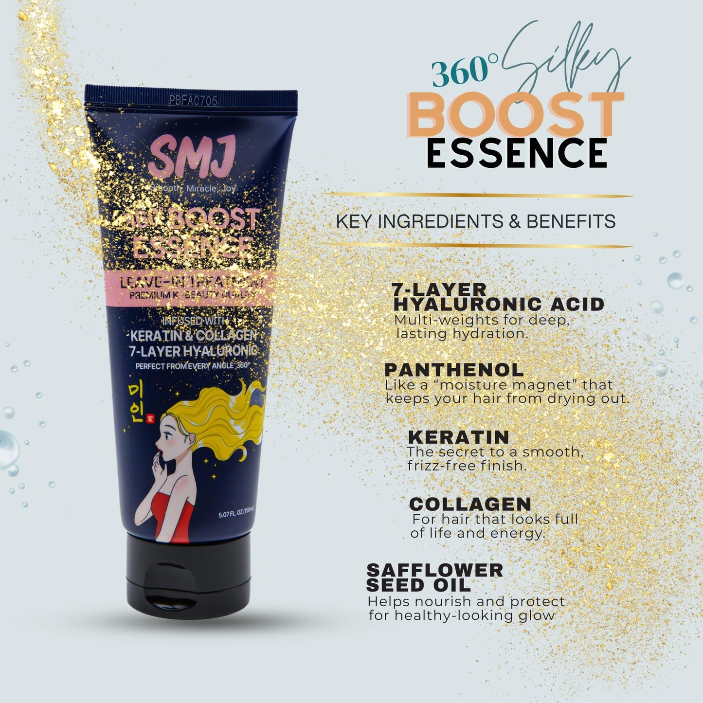 SMJ 360° BOOST ESSENCE LEAVE-IN TREATMENT | Silky K-Beauty Hair Essence | Anti-Frizz & Shine | Keratin, Collagen & 7-Layer Hyaluronic Acid | USA