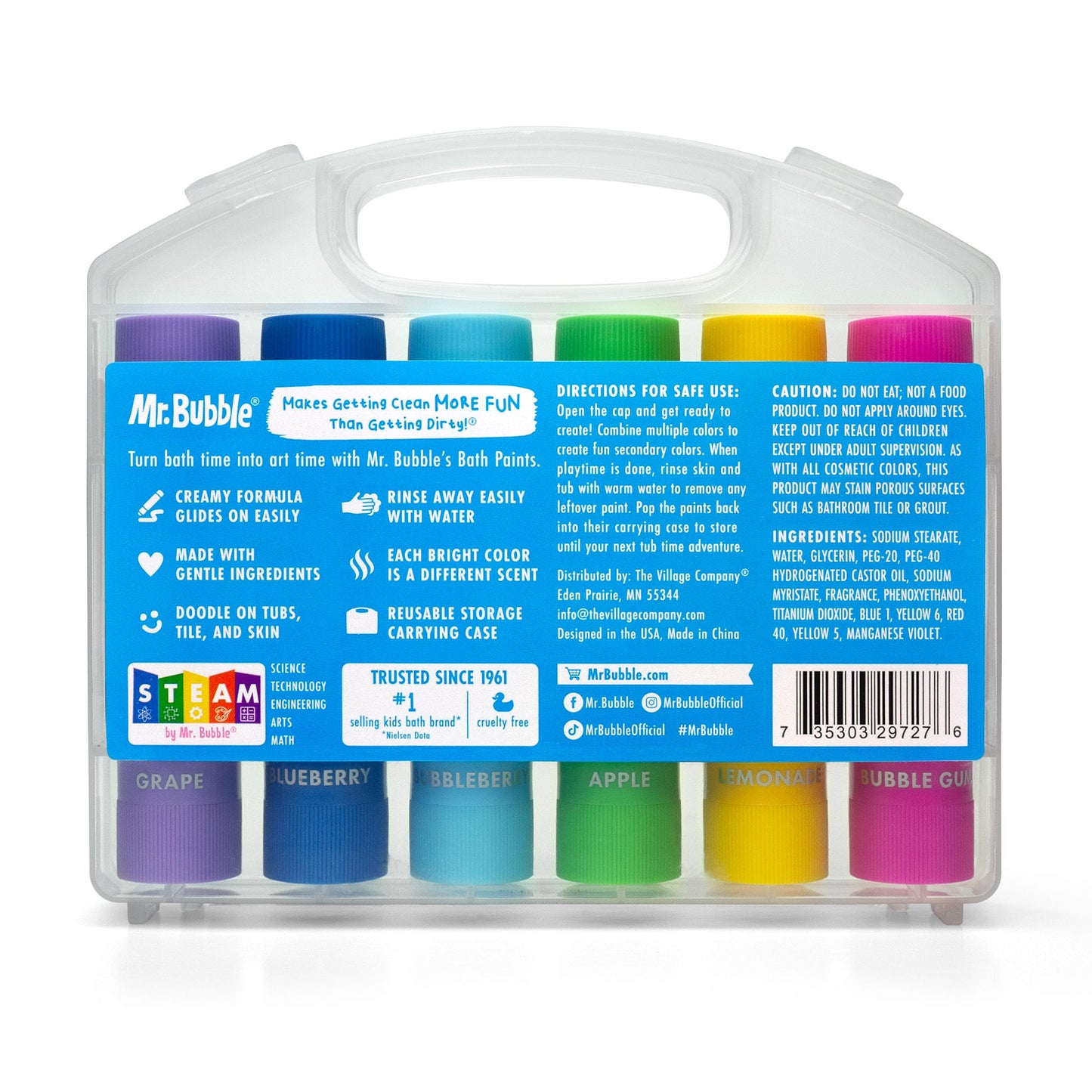 Mr. Bubble Bath Time Body Paints - 6-Color Washable Bath Paint Sticks with Gentle, Kid-Safe Formula - Fun Tub Time Art Set with Scented Colors