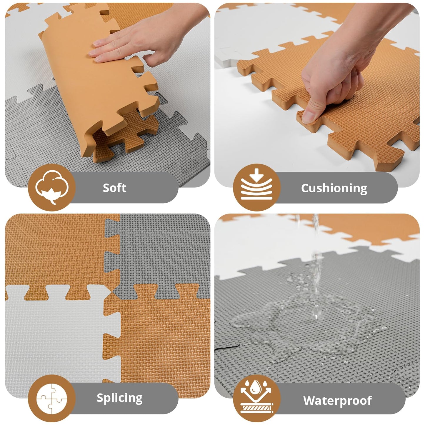 16 Tiles Baby Play Mat – 0.6" Thick EVA Foam Interlocking Floor Tiles, Soft Play Mat for Babies, Toddlers & Kids (White-Brown-Grey)