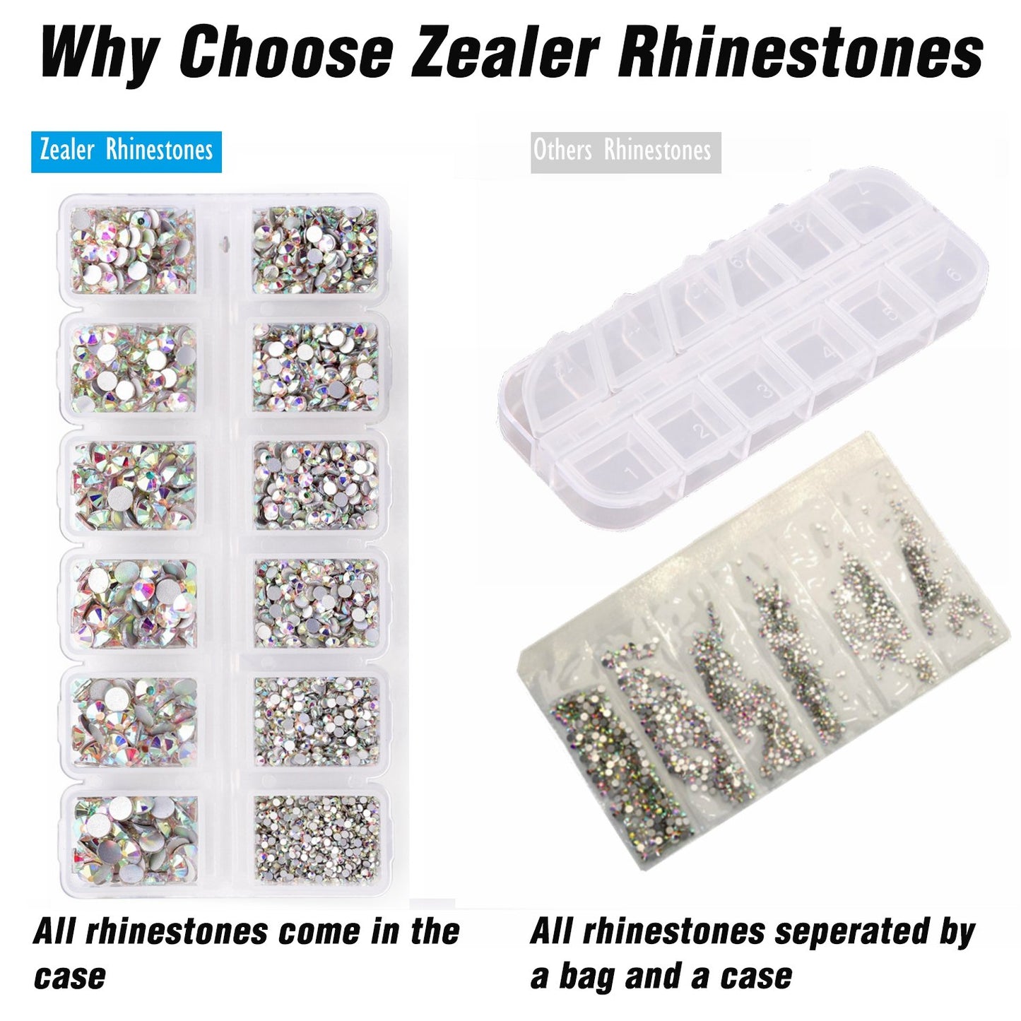 Zealer 1800pcs Crystals AB Nail Art Rhinestones Round Beads Top Grade Flatback Glass Charms Gems Stones for Nails Decoration Crafts Eye Makeup Clothes