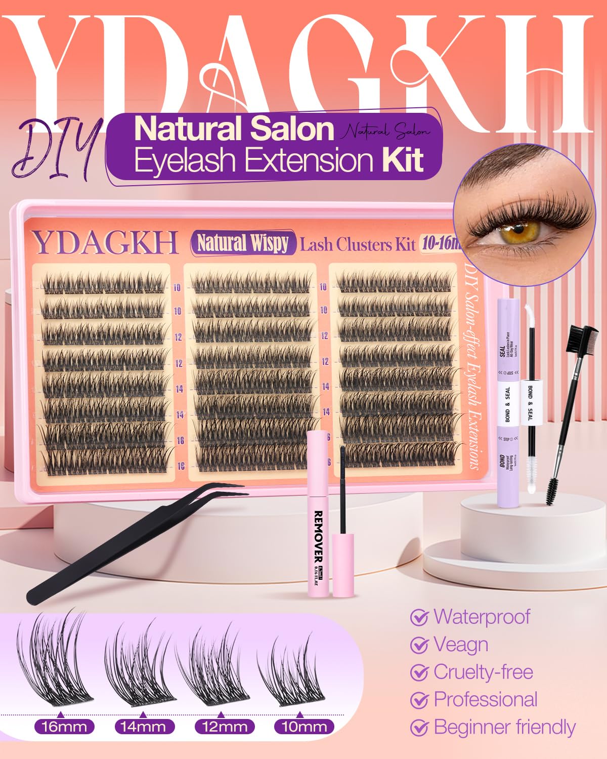 Natural Lash Clusters Kit 10-16mm Wispy Eyelash Clusters Clean Girl Makeup Cluster Eyelash Extensions CC Curly Individual Lashes Kit with Clear Lash Beauty and Personal Care YDAGKH