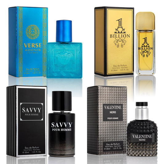 Signature Scent 4-Piece Mini Fragrance Set for Men Includes Savvy/1 Billion/Verse/Valentine Collection of Woody, Spicy, Citrus & Aromatic Fragrance Beauty & Personal Care NovoGlow