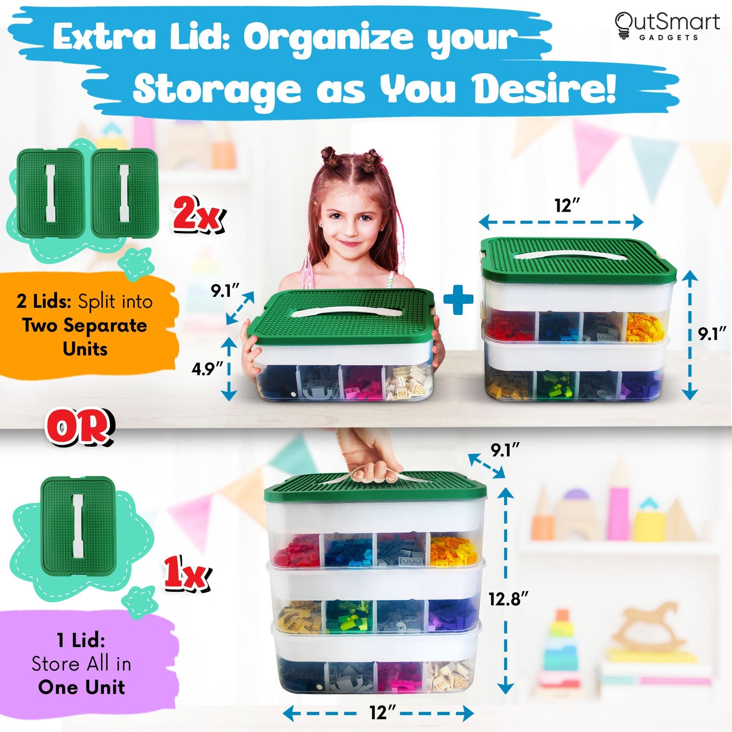 Outsmart Gadgets Stackable Toy Storage Organizer Bin for Lego, Building Bricks, Dolls, and Crafts Organization, Build on the Lid, 3 Layer Adjustable…