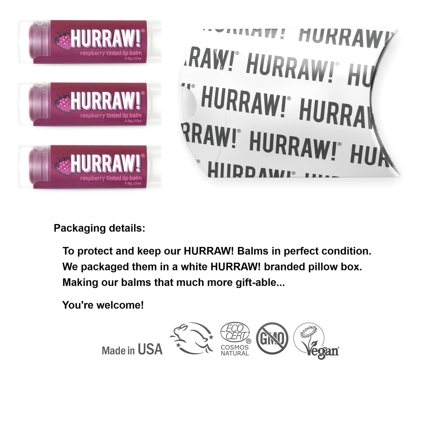 Hurraw! Raspberry Tinted Lip Balm, 3 Pack: (Sheer Berry Tint) Organic, Certified Vegan, Cruelty and Gluten Free. Non-GMO, 100% Natural Ingredients.