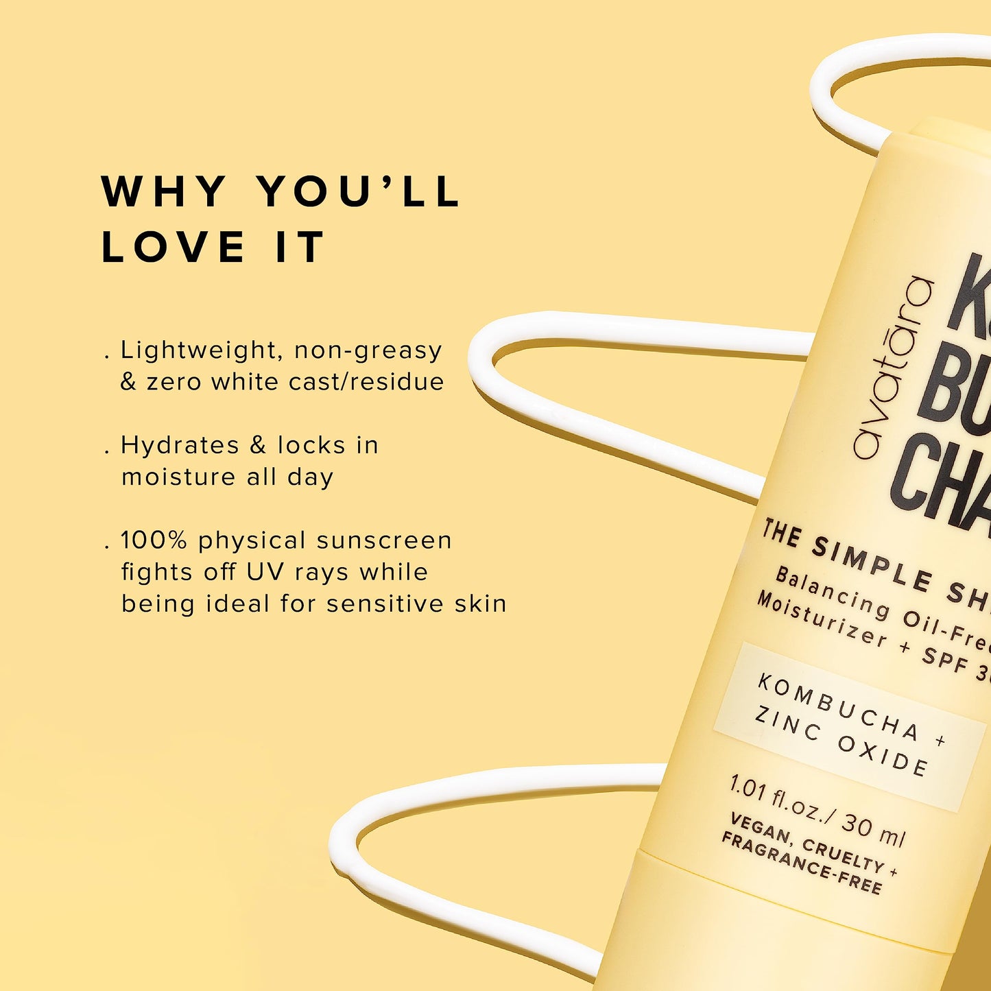 Avatara Kombucha The Simple Shield Face Sunscreen SPF – Zinc Oxide Mineral Moisturizer with BHA & Hyaluronic Acid, Teen Skincare, 1.01 fl oz