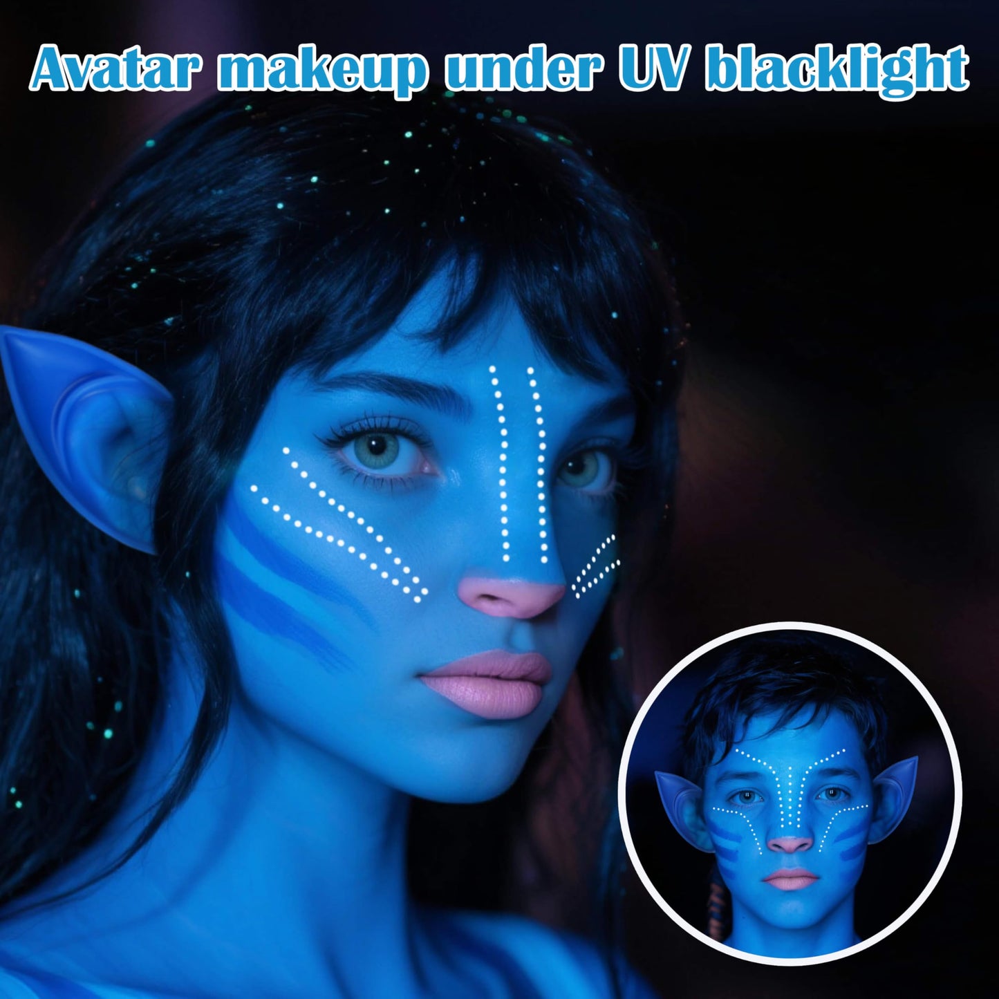 8pcs Avatar Makeup Kit,Navy Blue White Face Paint, Royal Blue Face Paint for Smurf Mystique Cosplay,Lip Gloss,White UV Eyeliner, Short Elf Ears,Single
