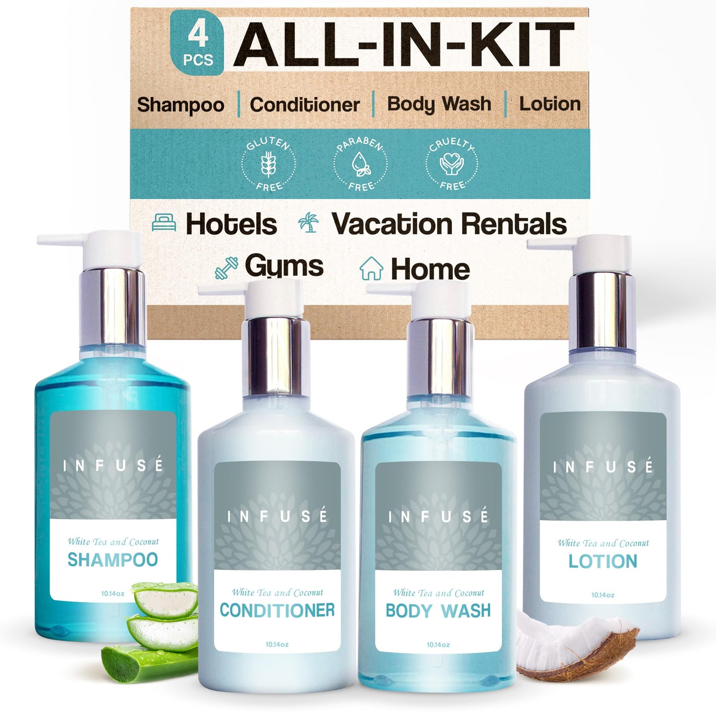 1-Shoppe Infuse 4 Piece Ecobox All-In-Kit | White Tea and Coconut Soap | 1 Shampoo, 1 Conditioner, 1 Body Wash and 1 Lotion | 10.14 oz Hotel Soaps