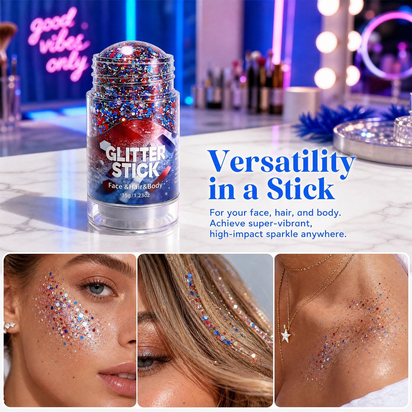 4th of July Glitter Stick, 2026 Red White and Blue Glitter Stick for Hair & Body, Fourth of July Glitter Sticks for Independence Day Parties