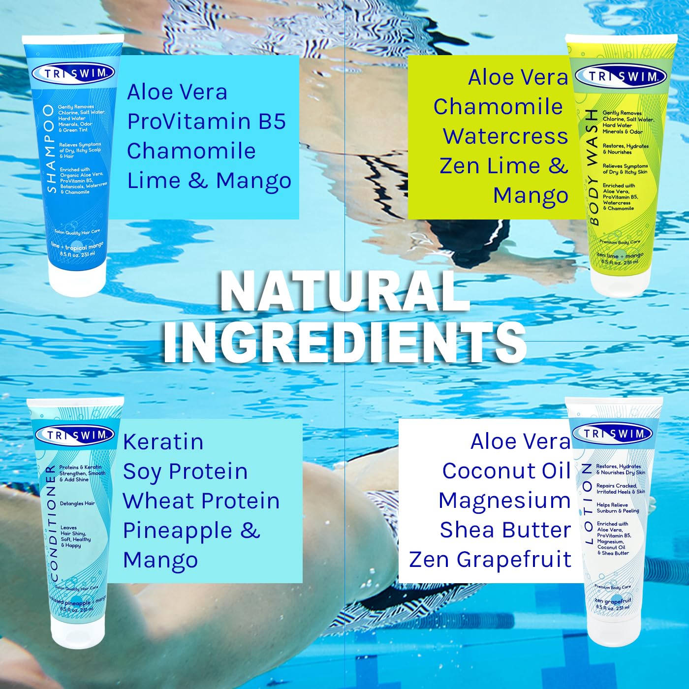 TRISWIM Pack of 4 Swim Care Set | Chlorine Removal Shampoo, Conditioner, Body Wash & Lotion, 8.5 fl oz Each | Removes Chlorine from Hair & Skin |
