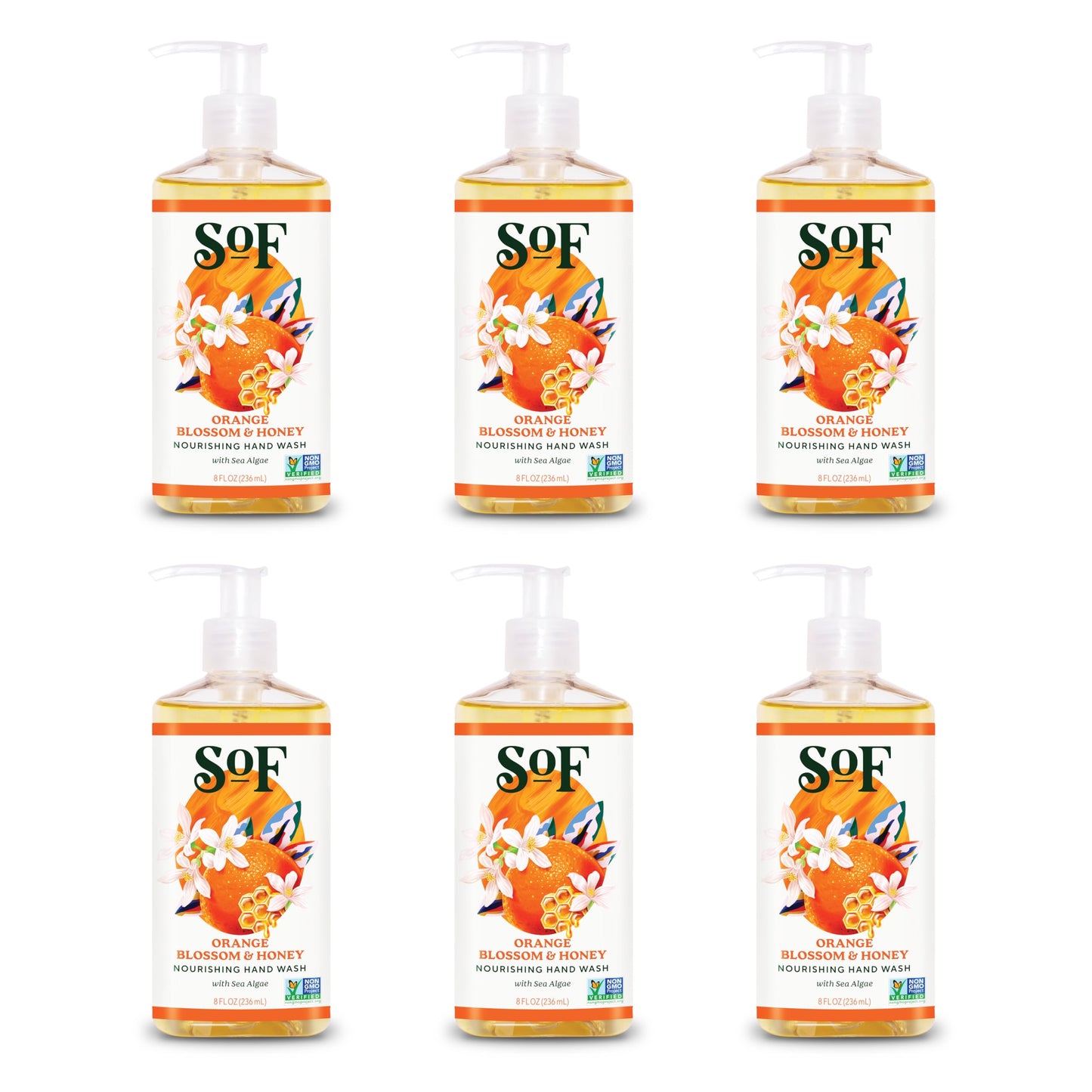 SoF Nourishing Hand Wash - With Moisturizing Sea Algae, Coconut & Olive Oil- Vegan & Non GMO- Free From Phthalates, Sulfates & Parabens- Orange
