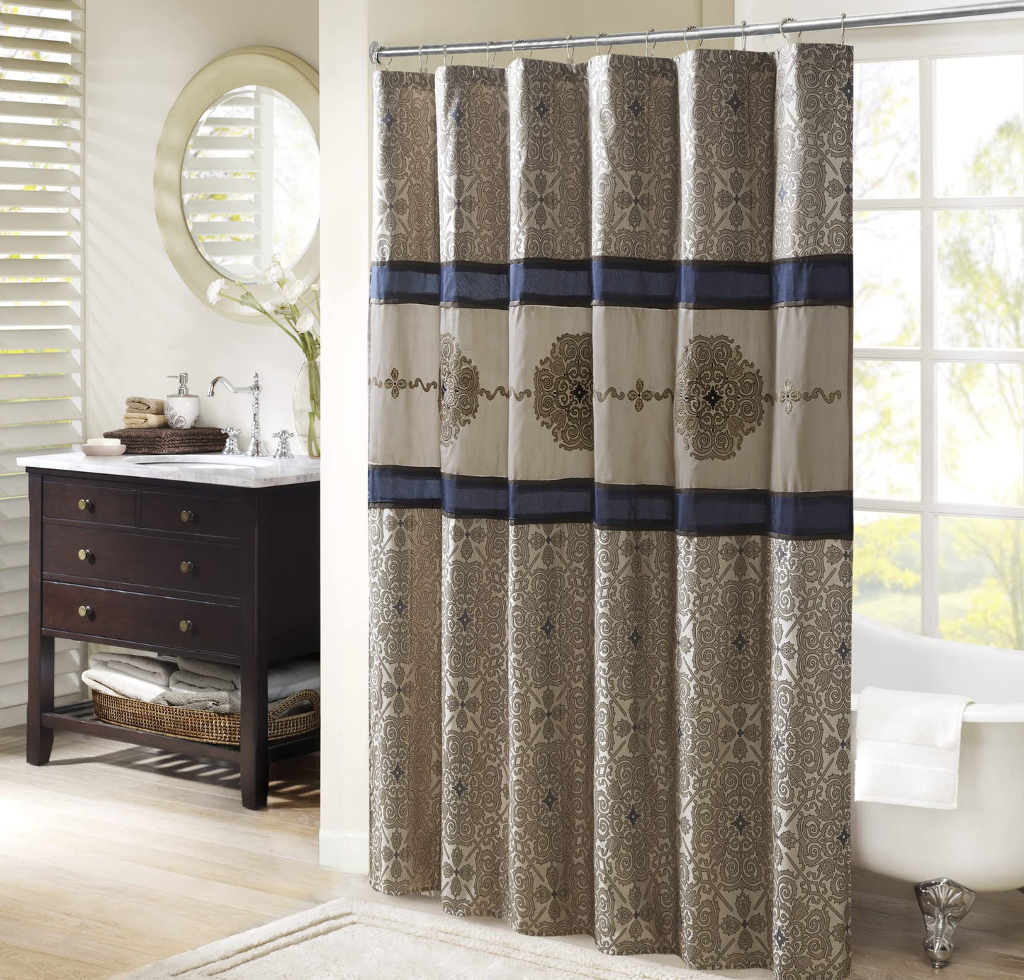Madison Park Donovan Shower Curtain, Embroidered Jacquard Weave Design, Traditional Bathroom Décor, Machine Washable, Fabric Privacy Screen, 72x72…
